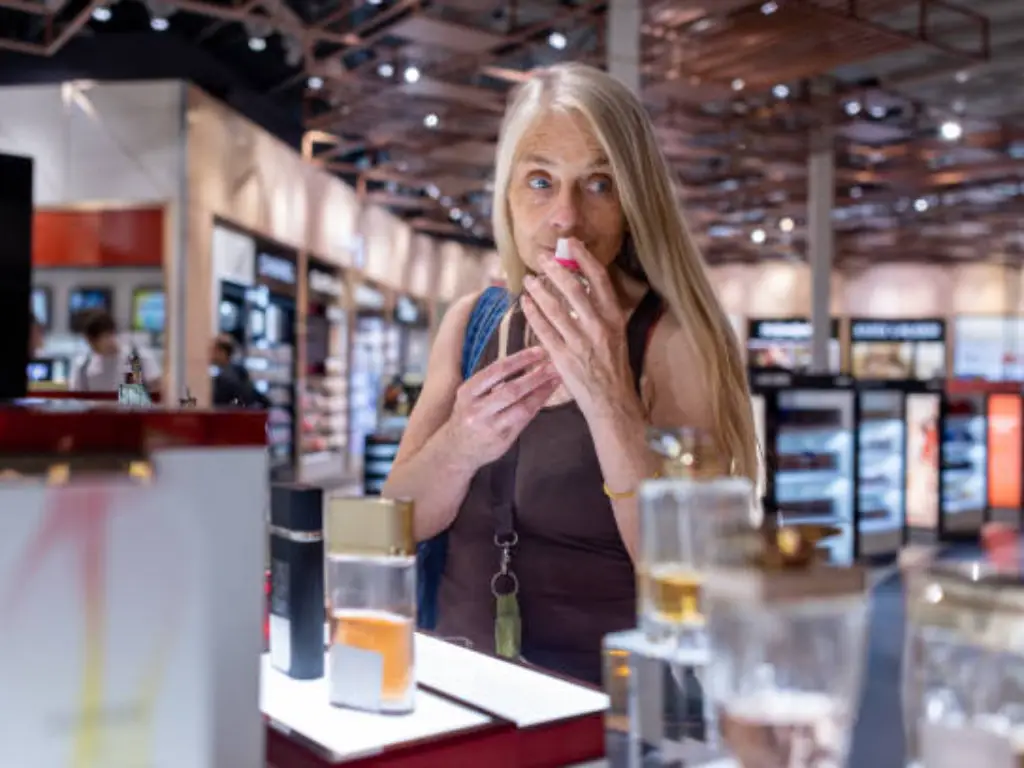a lady buying perfume in a duty-free shop