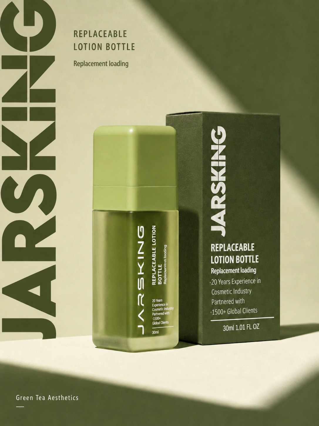 Jarsking replaceable lotion bottle poster with green refillable airless bottle and eco packaging box