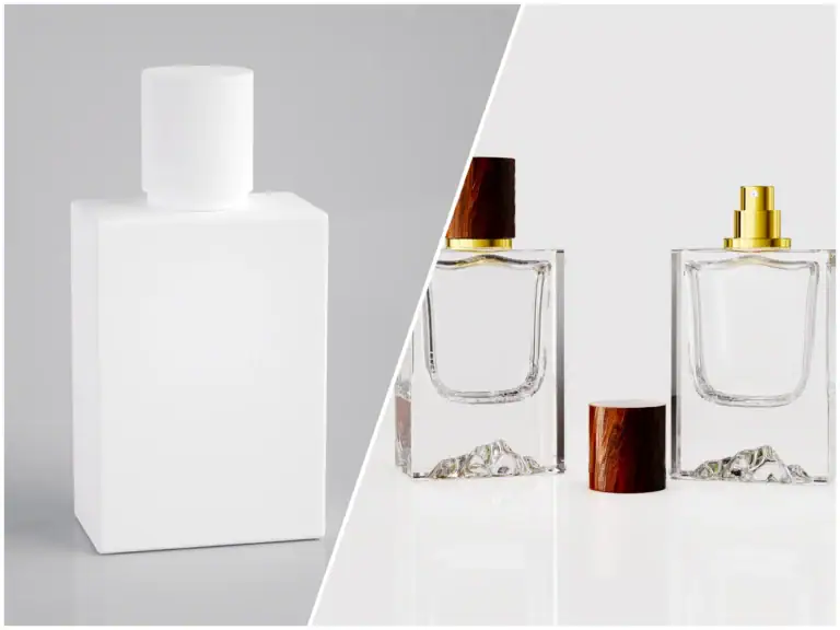 White perfume bottle prototype model next to finished glass perfume bottles