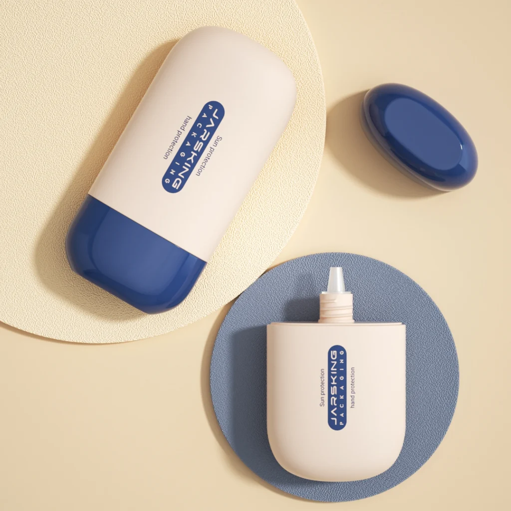 Beige sunscreen squeeze bottle with flip cap, custom cosmetic packaging by Jarsking