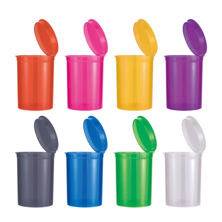 Squeeze-to-open pop top containers in assorted colors