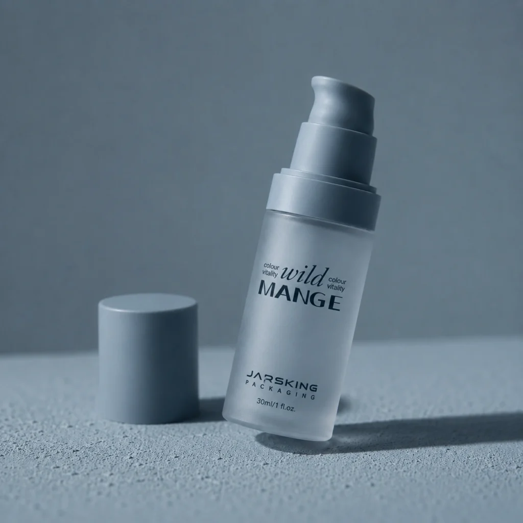 Grey frosted glass airless pump bottle for serum and lotion, custom cosmetic packaging by Jarsking