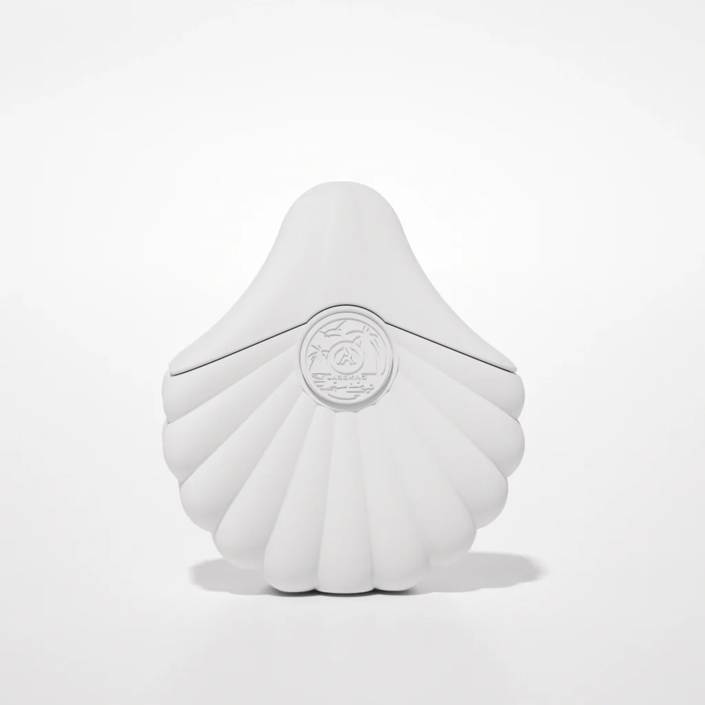White model of a sculpted shell-shaped perfume bottle developed for a private mold