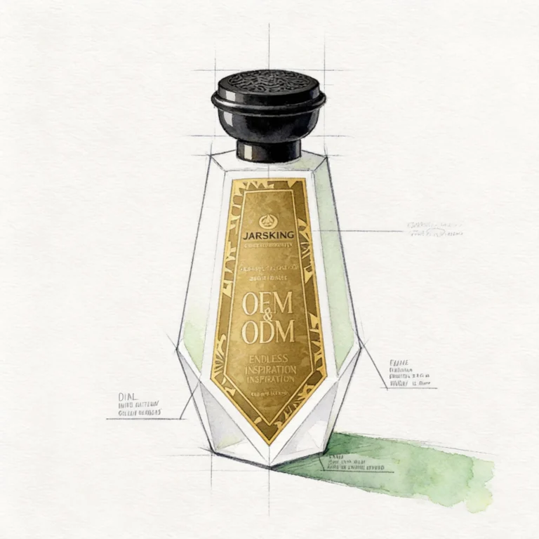Hand-drawn concept sketch of a custom perfume bottle