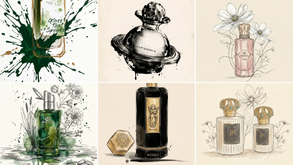 Perfume bottle concept sketches beside finished glass bottles, showing custom perfume bottle development from idea to product