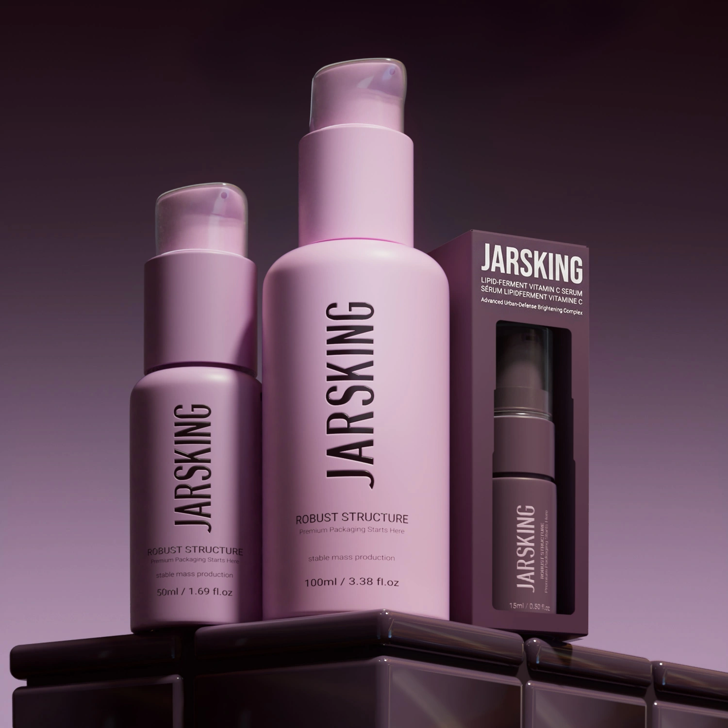 plastic skincare bottles in purple palette