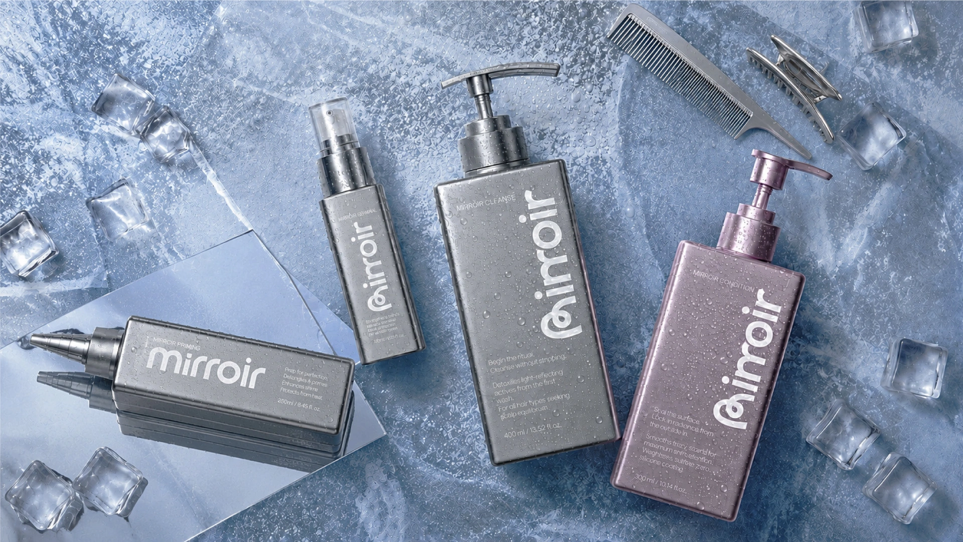 Envases para el cuidado del cabello con estética glaciar