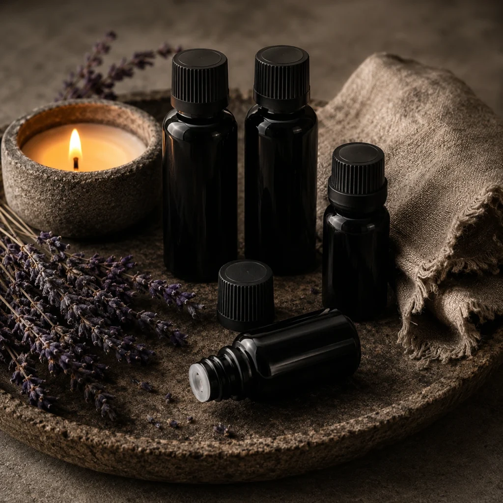 black essential oil bottles