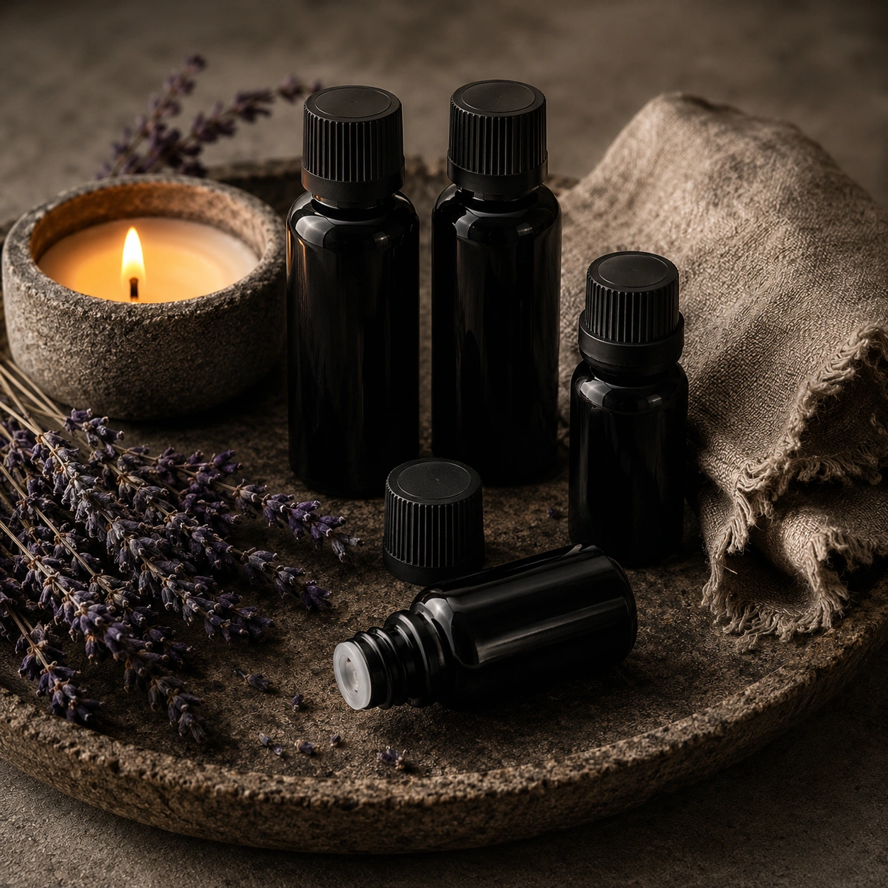 black essential oil bottles
