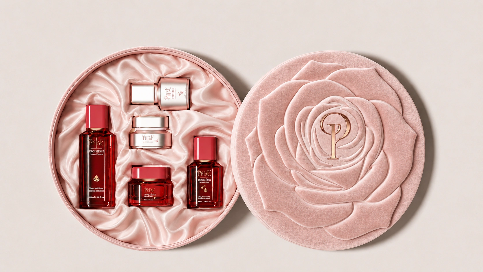 Round pink satin gift box with mini glass cosmetic bottles and a rose-shaped lid — luxury cosmetic gift packaging by Jarsking