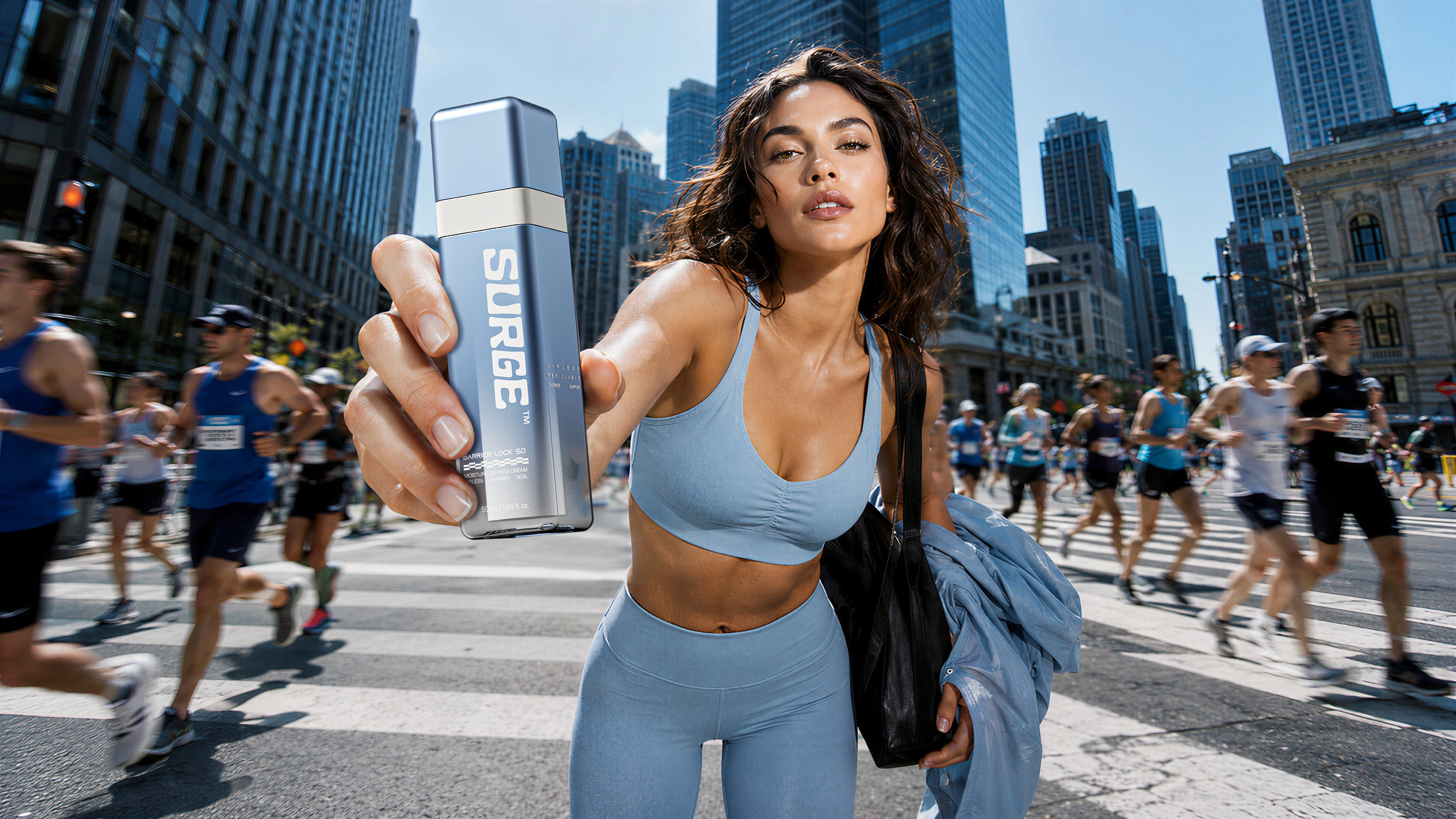 BARRIER LOCK 50 — silver-blue 50 ml square airless moisture-defense cream bottle held out at a city marathon crossing
