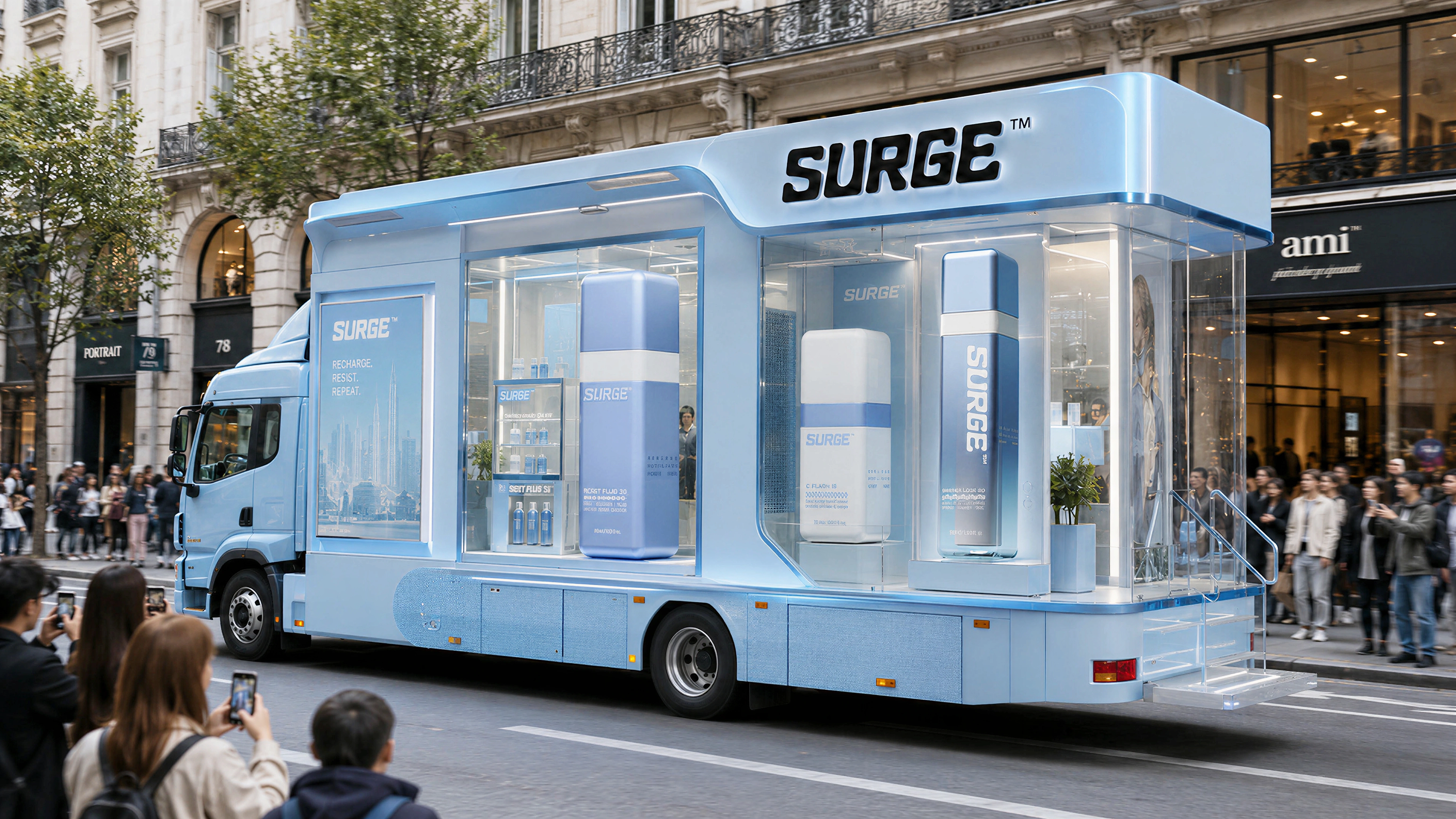 SURGE™ branded mobile pop-up retail truck on a city street with lit glass product vitrines and a crowd photographing it