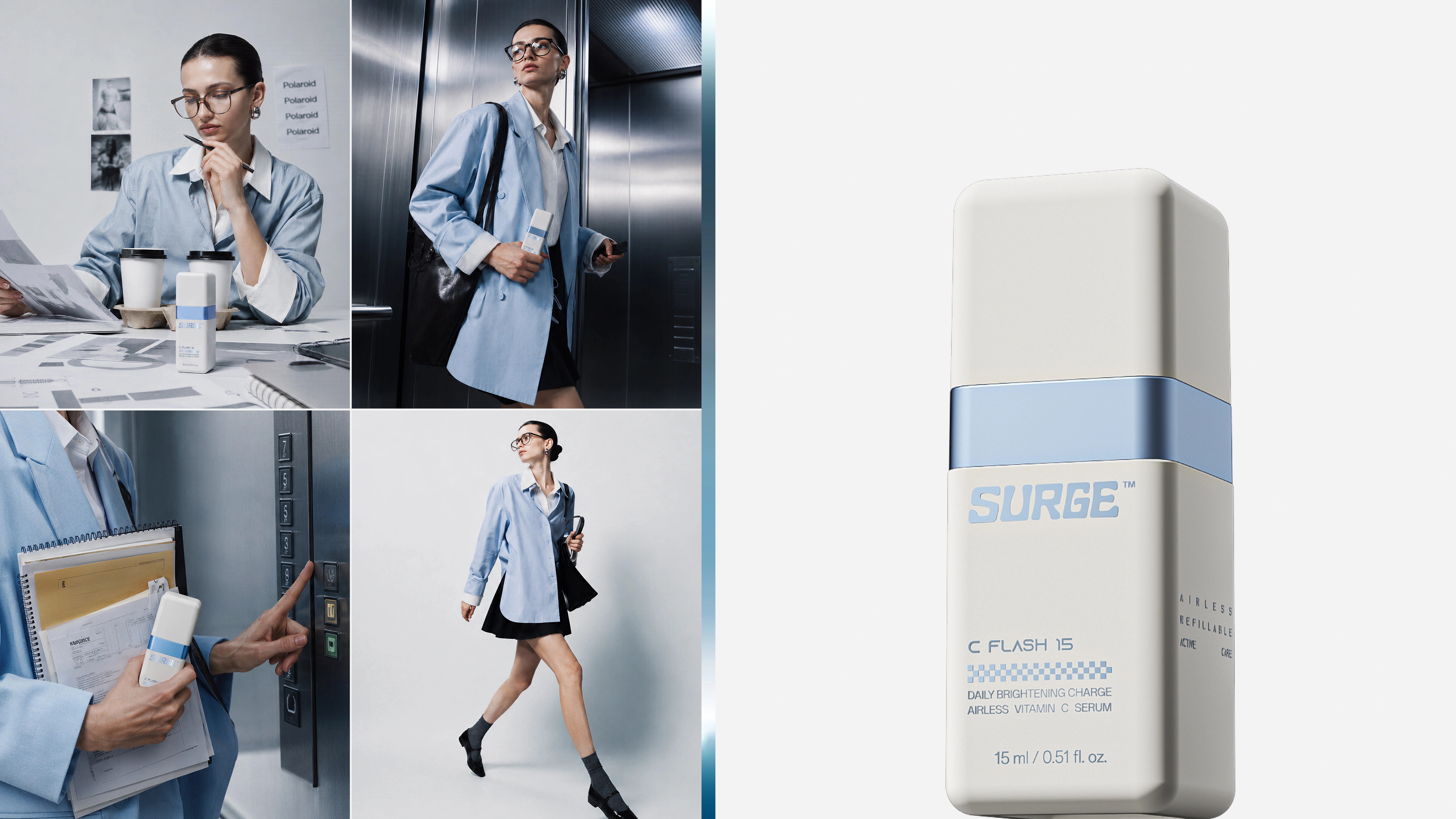 C FLASH 15 — white and light-blue 15 ml square airless Vitamin C serum bottle beside lifestyle frames of an urban professional