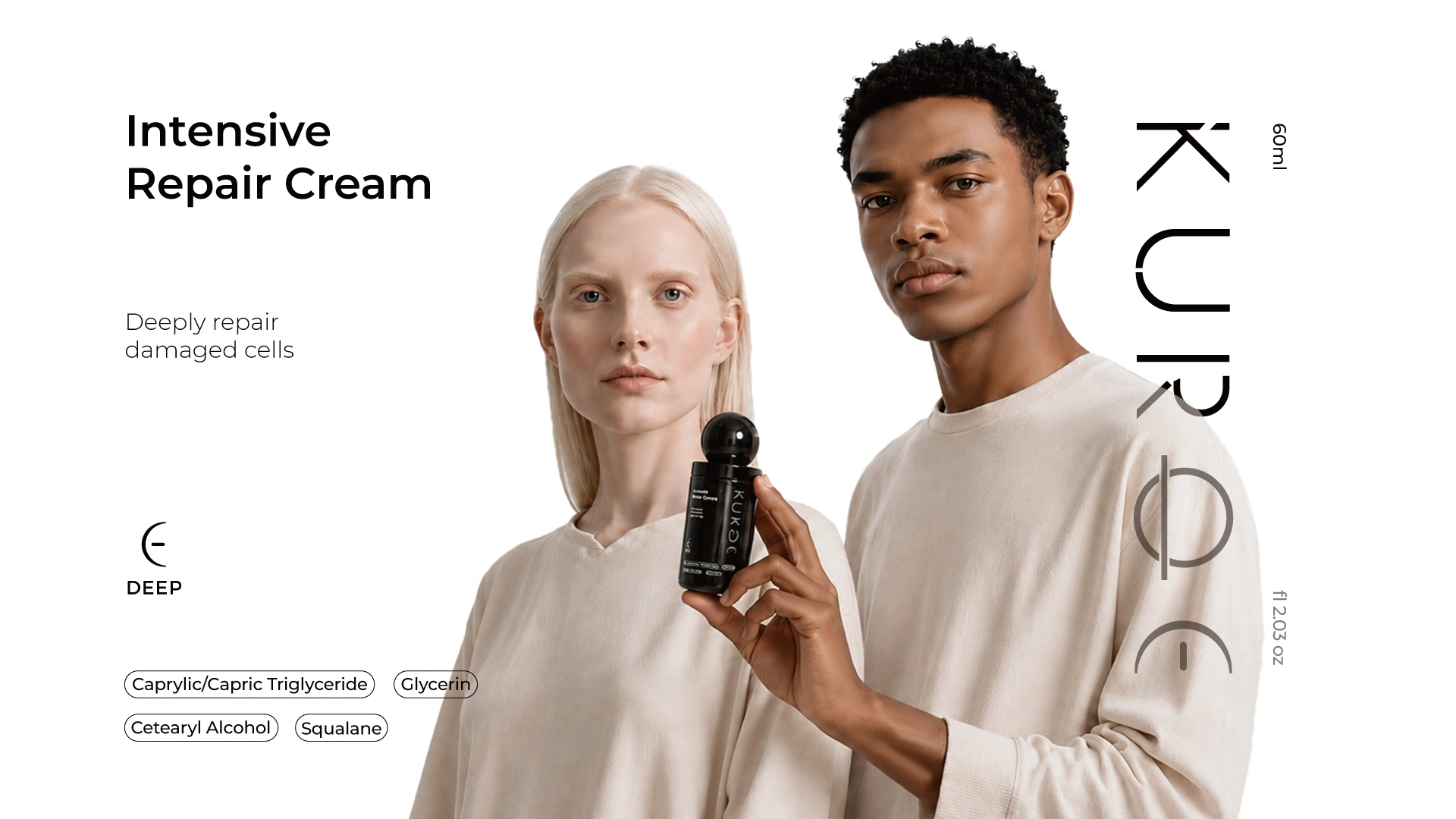 Two models of different skin tones holding the KUROE Intensive Repair Cream 60ml charcoal glass bottle with black sphere cap