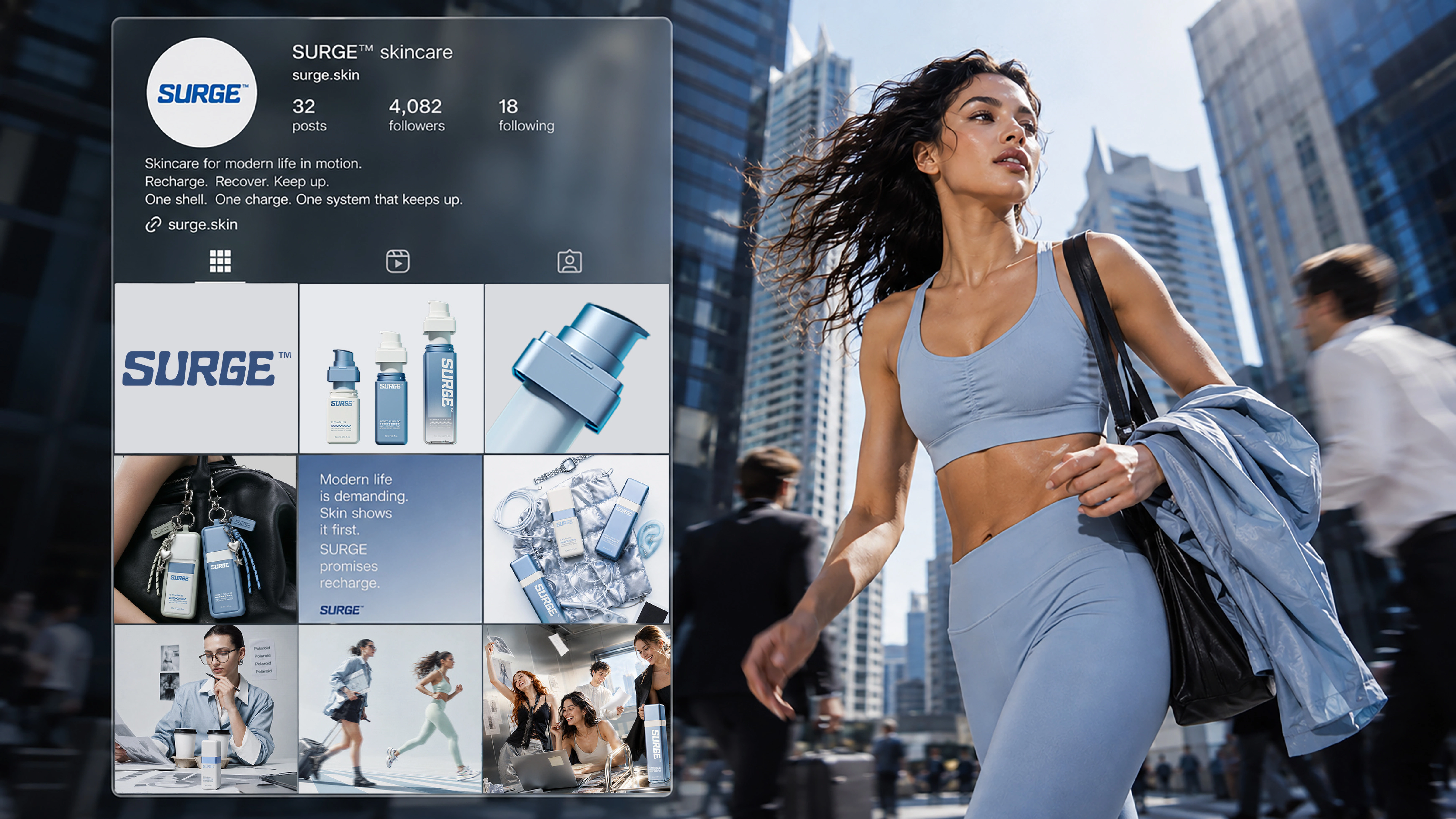 SURGE™ skincare Instagram profile mockup with a 9-post grid beside an urban runner in blue