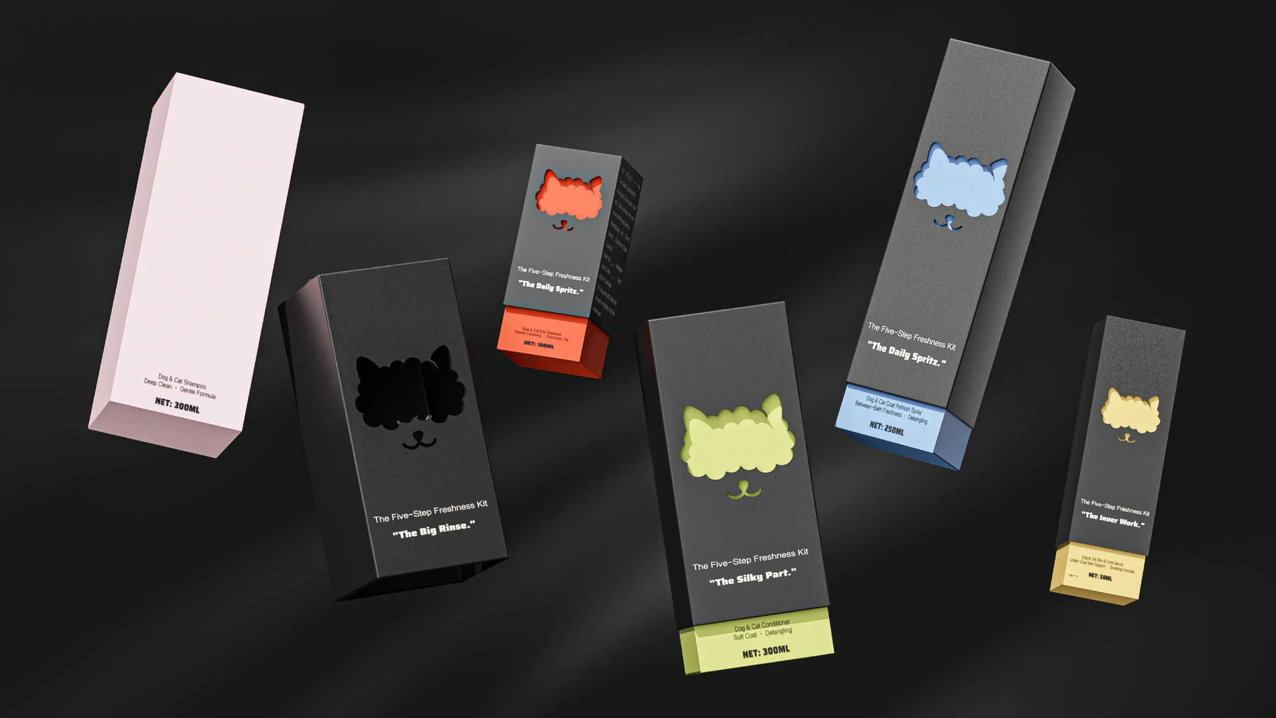 Custom pet care carton boxes for FUR RITUAL in coordinated colours, secondary packaging for the grooming range.