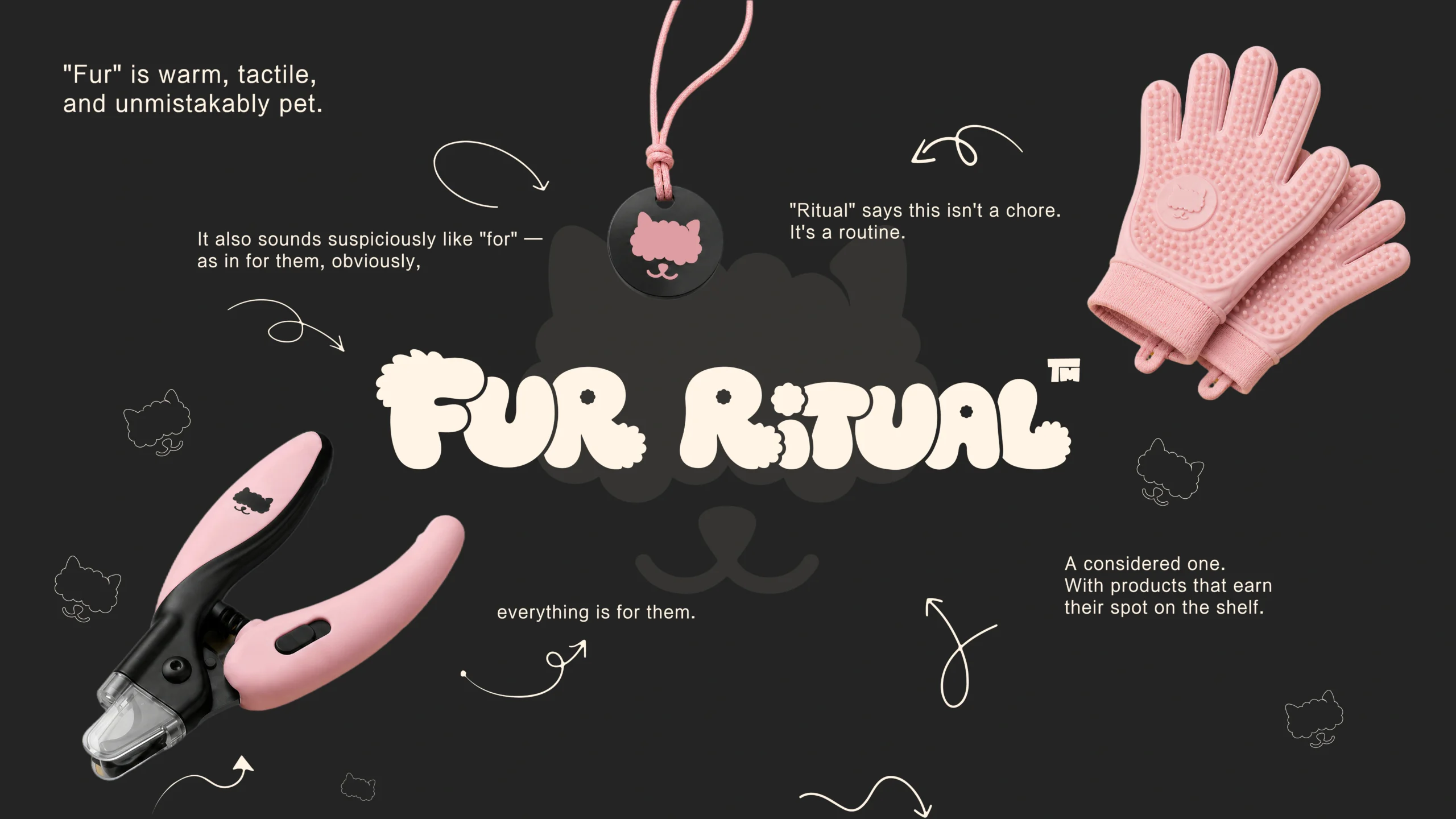 FUR RITUAL brand concept — de-shedding grooming glove and pet nail clipper styled with a signature pink die-cut hang tag, showing how a pet brand can extend its identity across accessories.