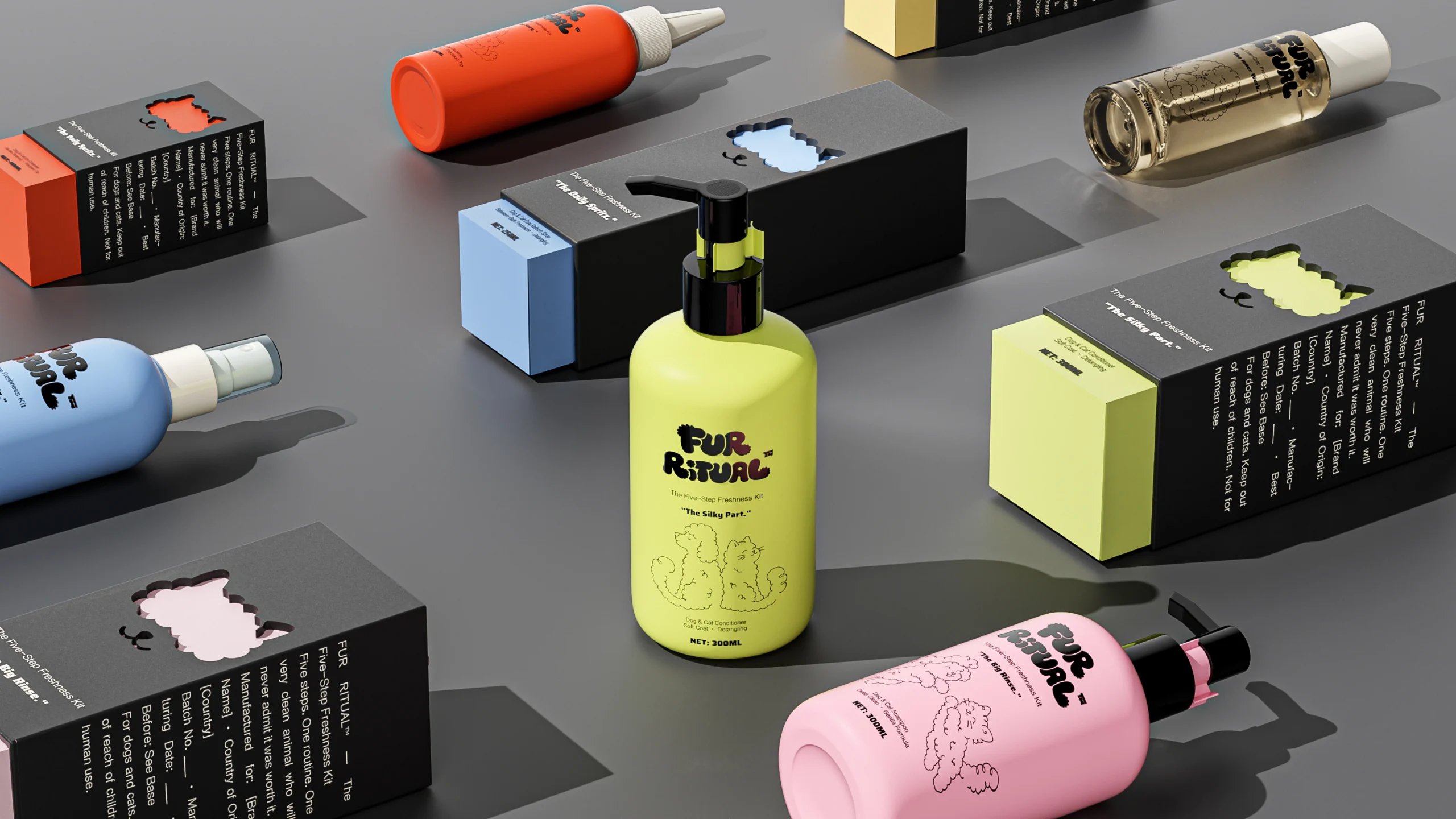 Custom pet shampoo bottles and printed cartons for FUR RITUAL, shown as a coordinated primary-and-secondary packaging set.