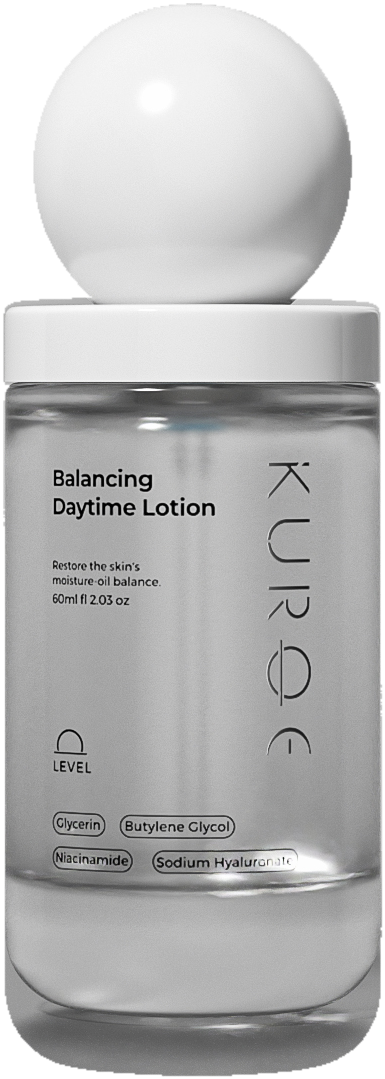 KUROE LEVEL Balancing Daytime Lotion — 60ml clear glass bottle with white sphere cap