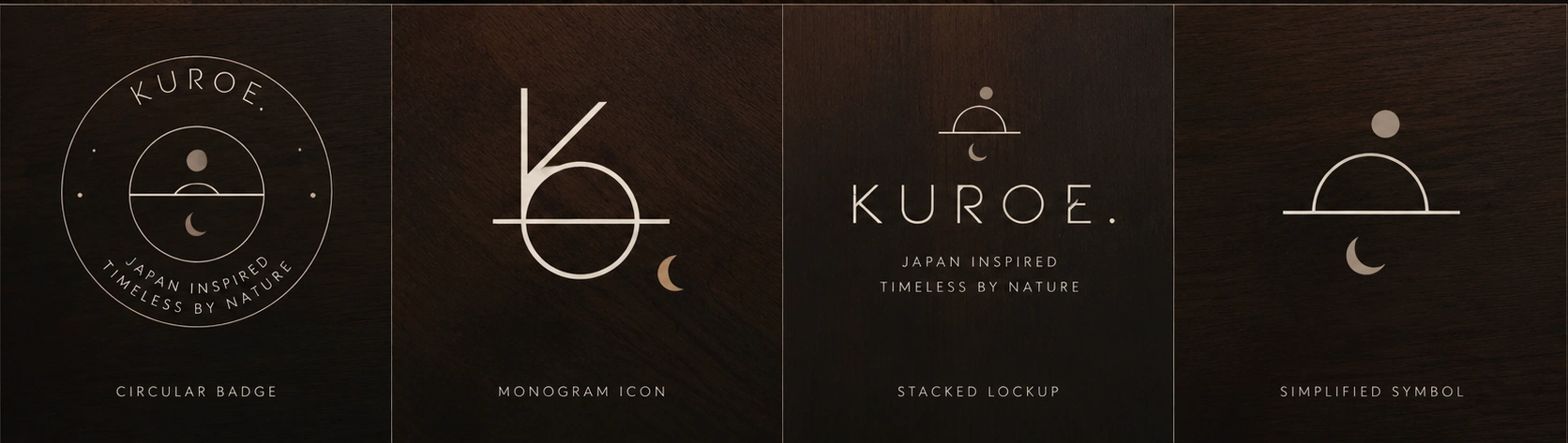 KUROE logo variations — circular badge, monogram icon, stacked lockup and simplified symbol