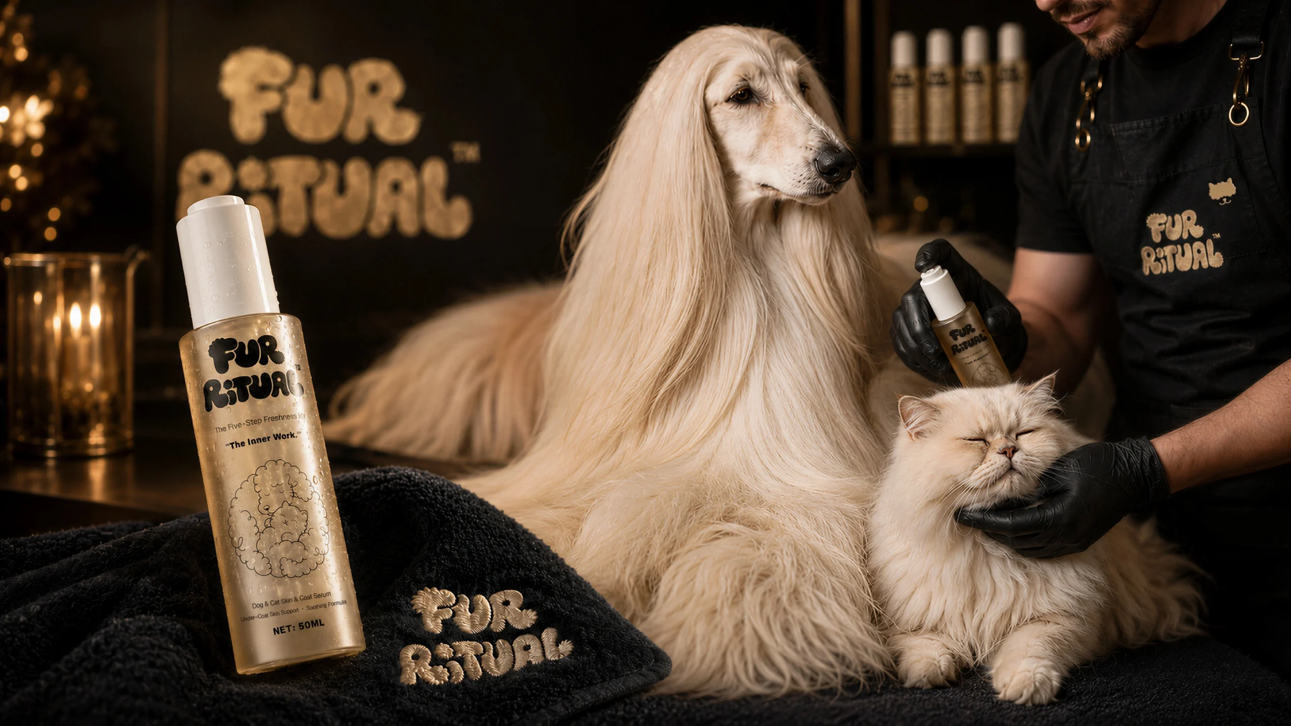 FUR RITUAL Dog & Cat Skin & Coat Serum in a gold 50 ml dropper bottle, the premium under-coat care step of the grooming system.