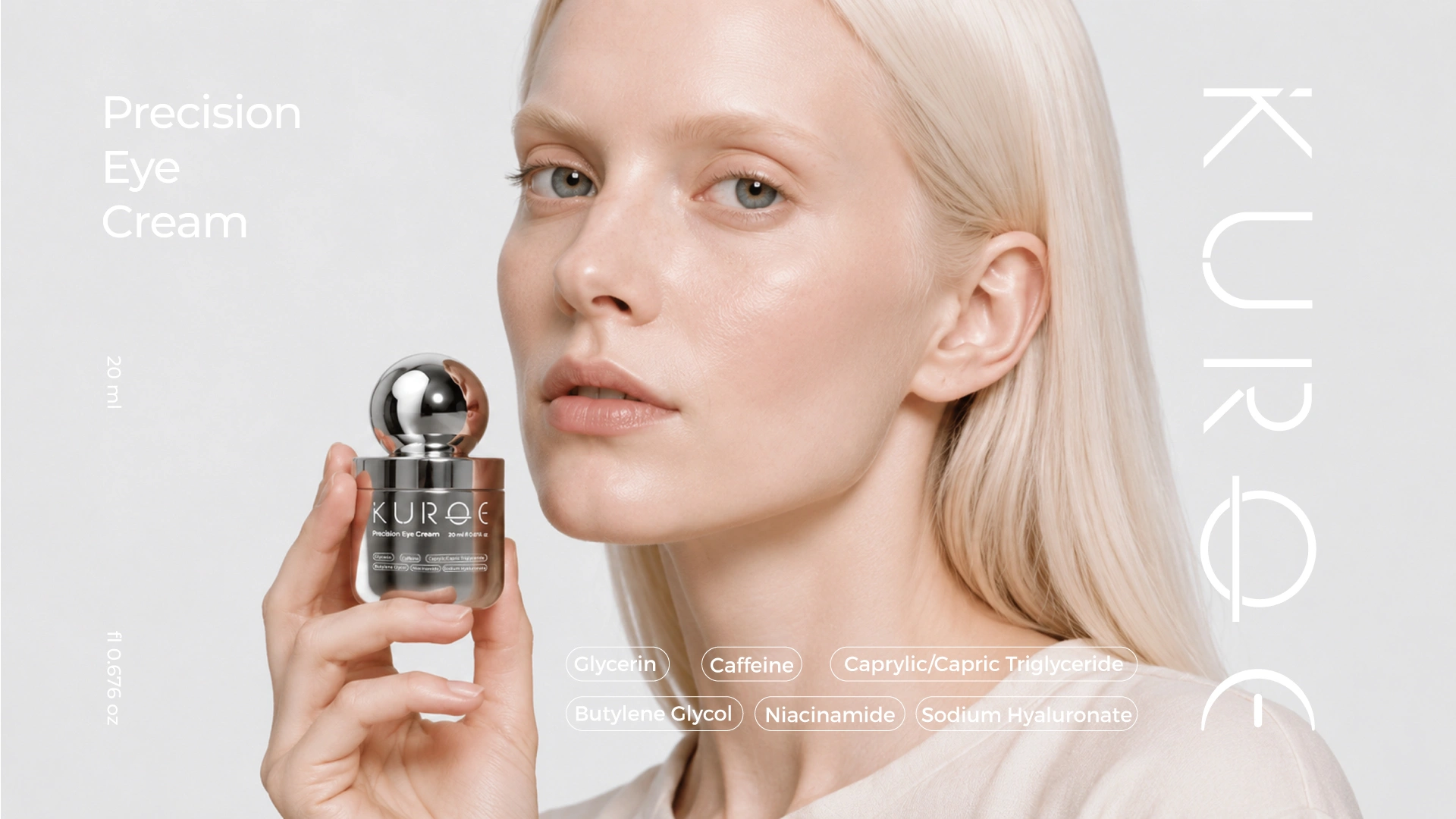 KUROE Precision Eye Cream 20ml metallized silver glass jar with chrome sphere cap held beside a model's face