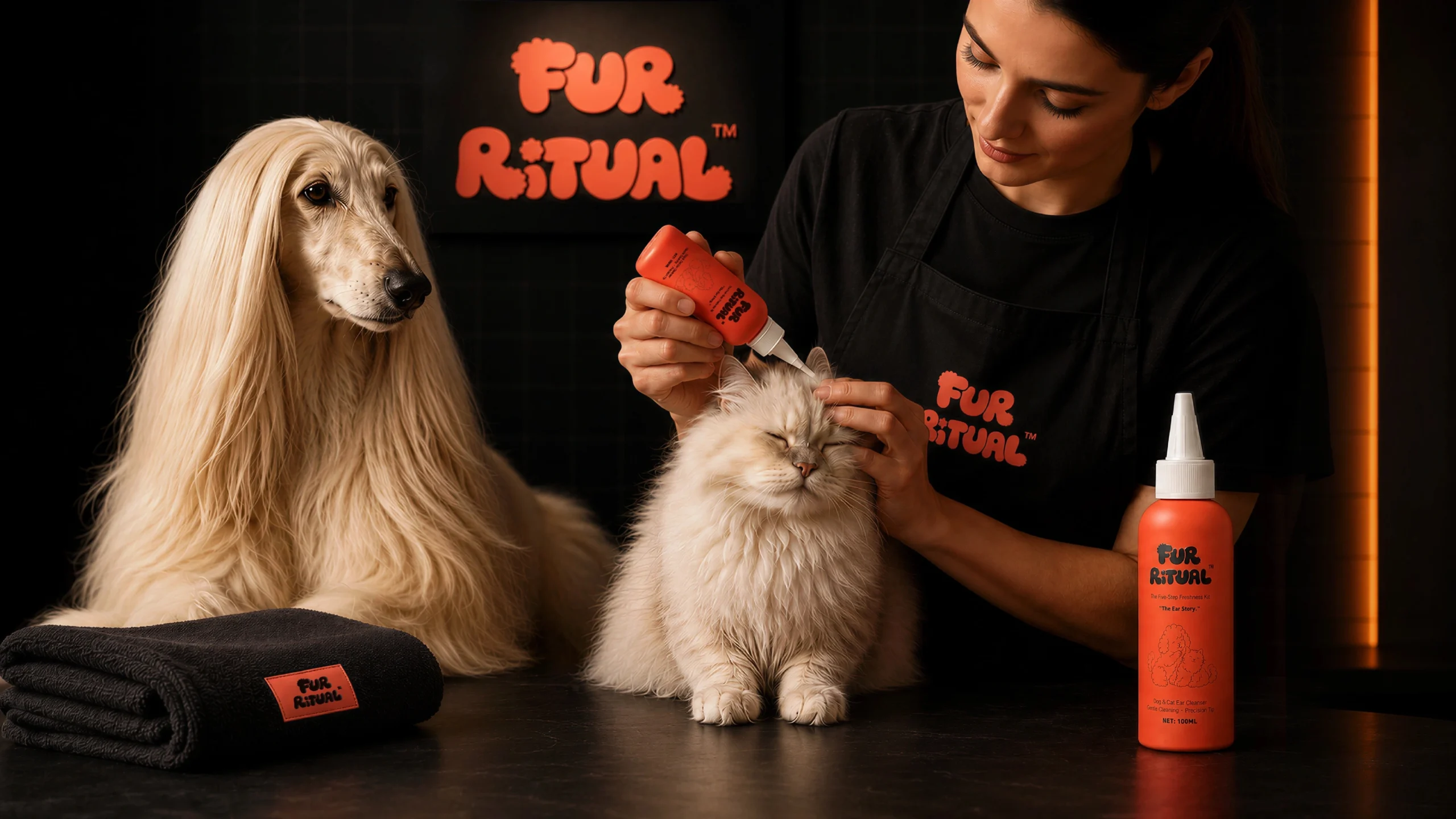 FUR RITUAL Dog & Cat Ear Cleaner in a 100 ml squeeze bottle with a precision nozzle tip, used on a cat, part of the vet-friendly grooming kit.