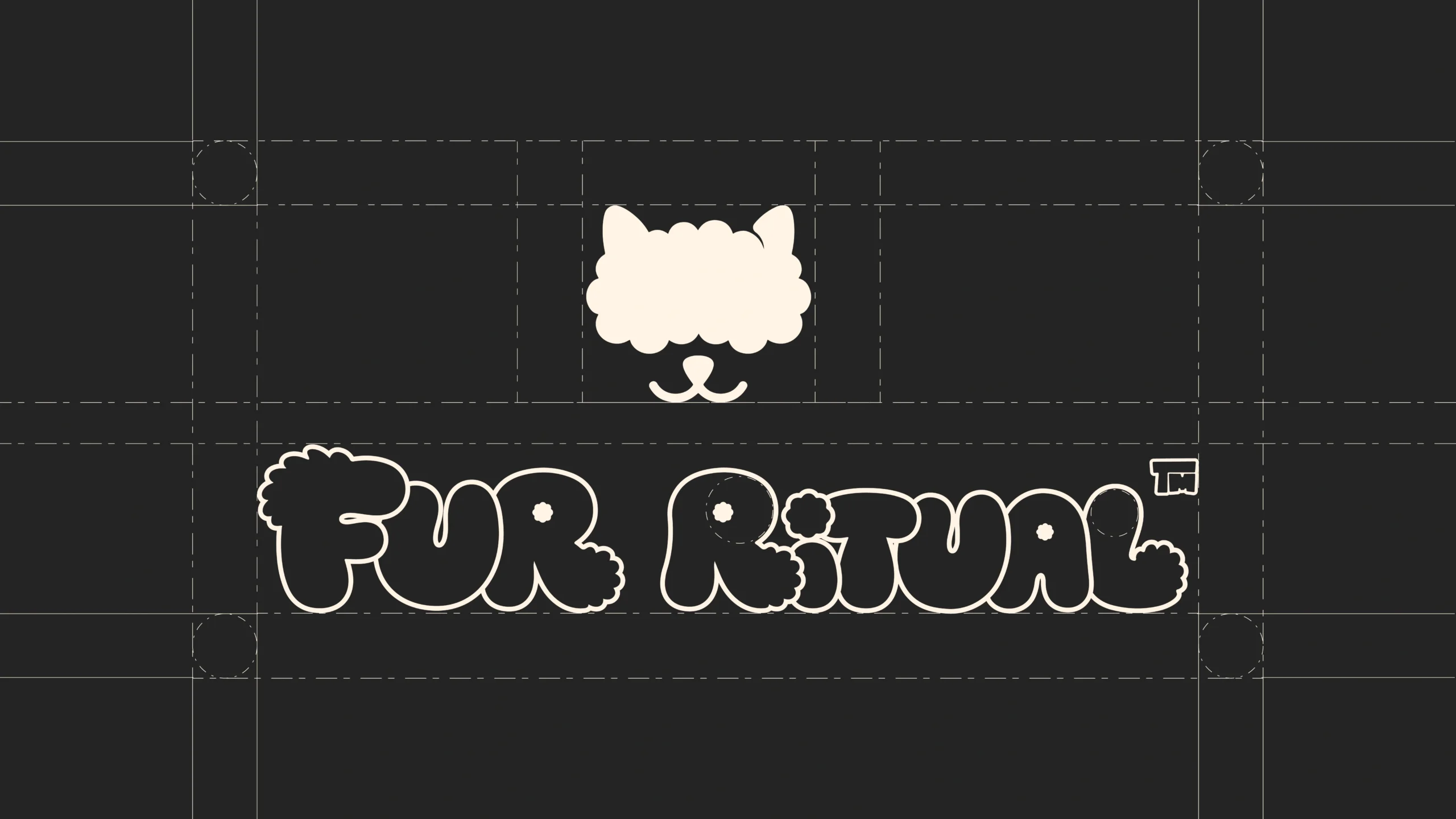 FUR RITUAL logo construction and brand mark on a guideline grid, the identity foundation for its custom pet grooming packaging.