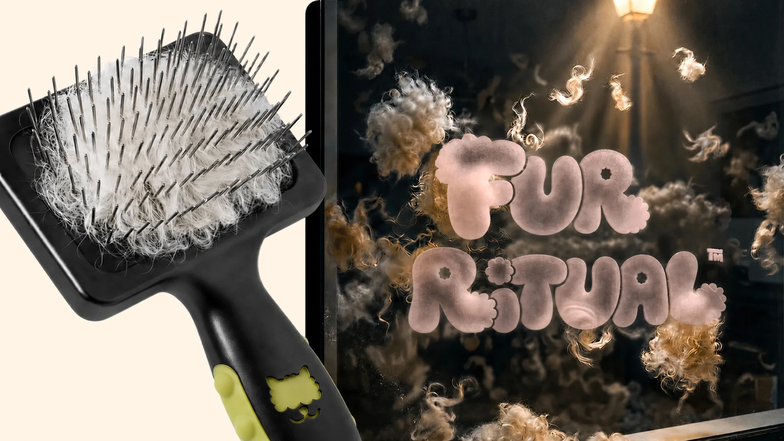 FUR RITUAL branded grooming brush styled with the pet packaging range, illustrating how a brand's identity can extend onto accessories.