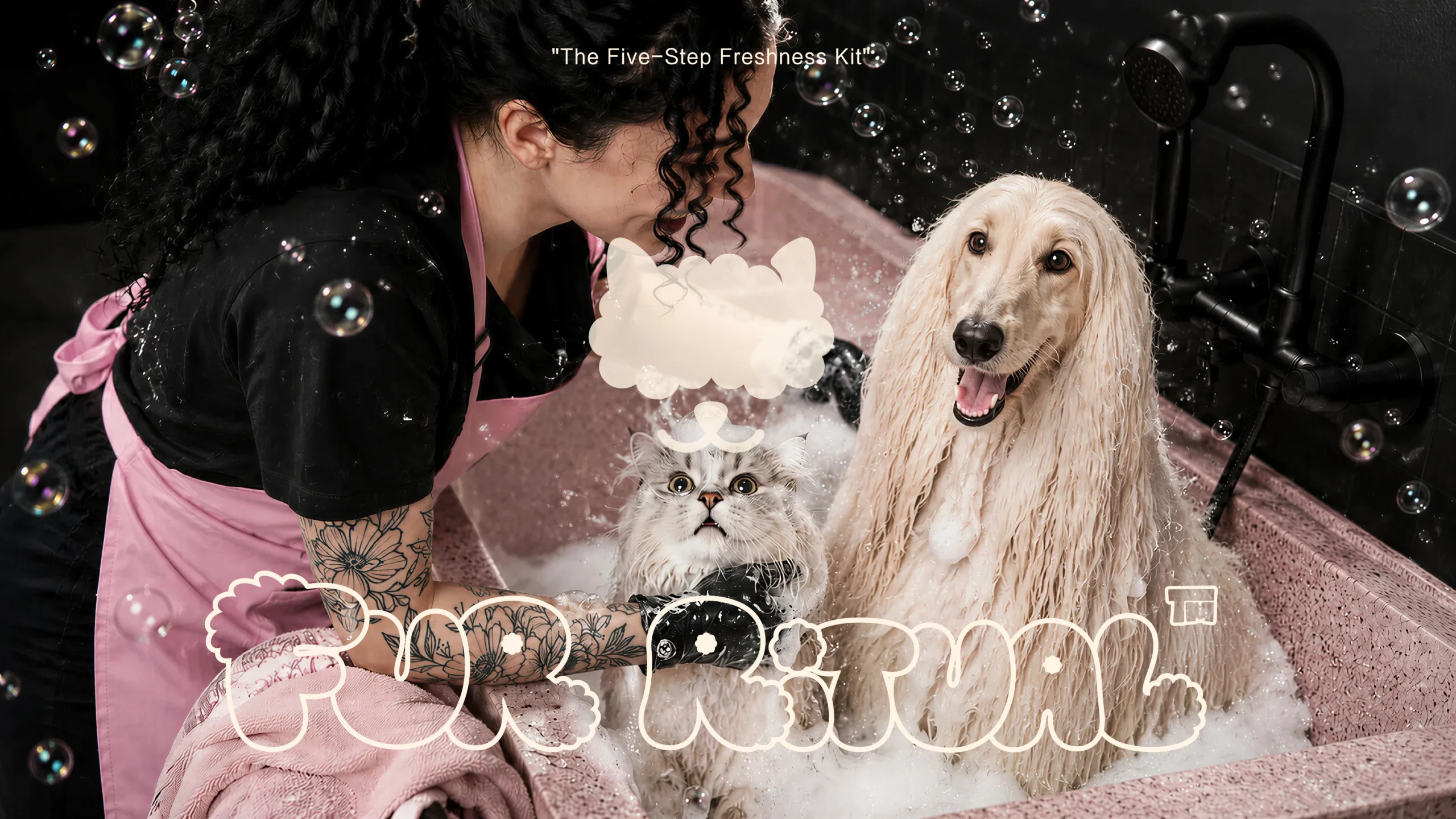 FUR RITUAL custom pet grooming packaging — the five-step freshness kit shown in a real dog-bath ritual, designed and manufactured by Jarsking.