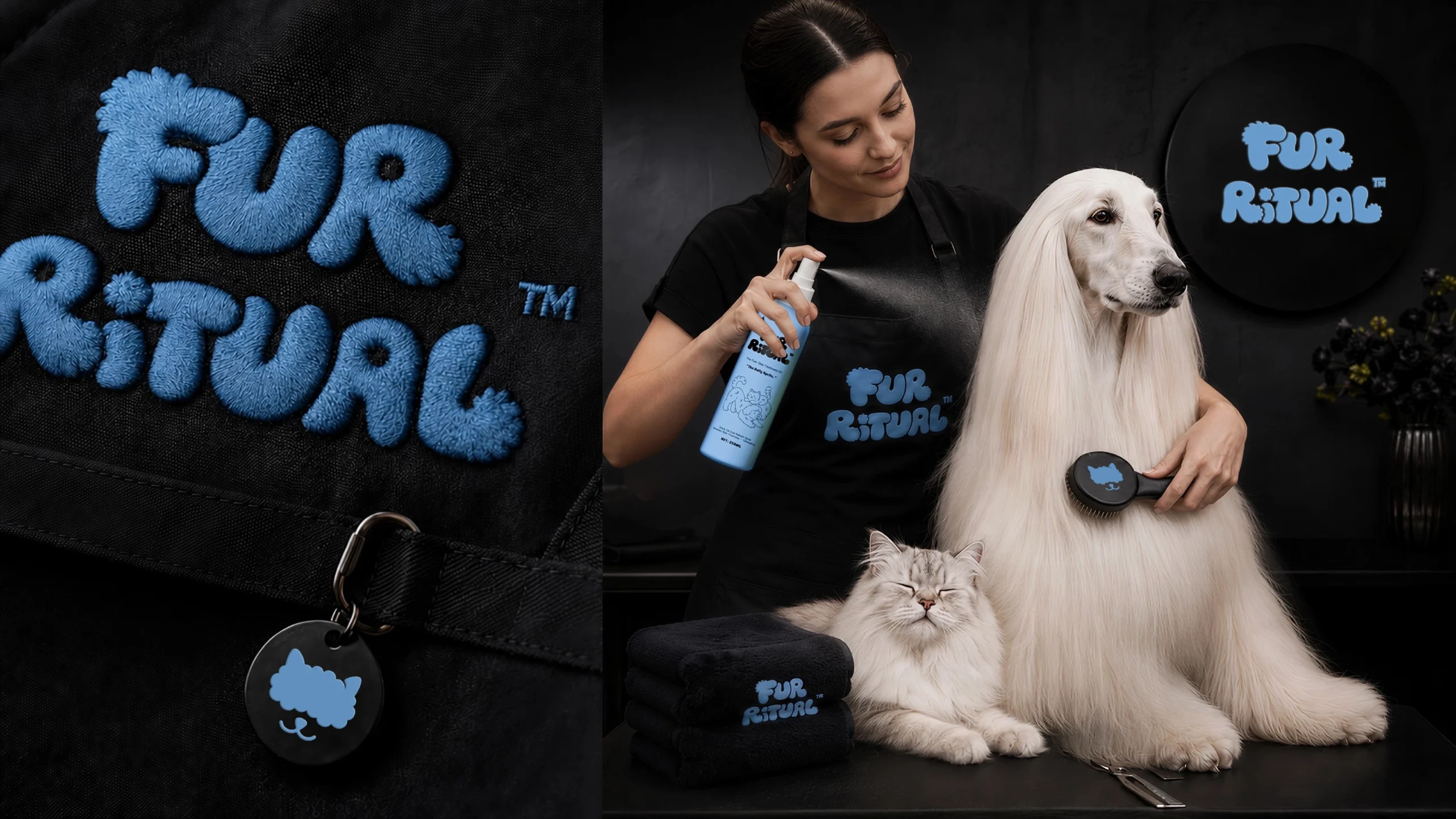 FUR RITUAL leave-in coat mist in a 250 ml fine-mist spray bottle used on a dog, part of the custom pet grooming packaging kit.