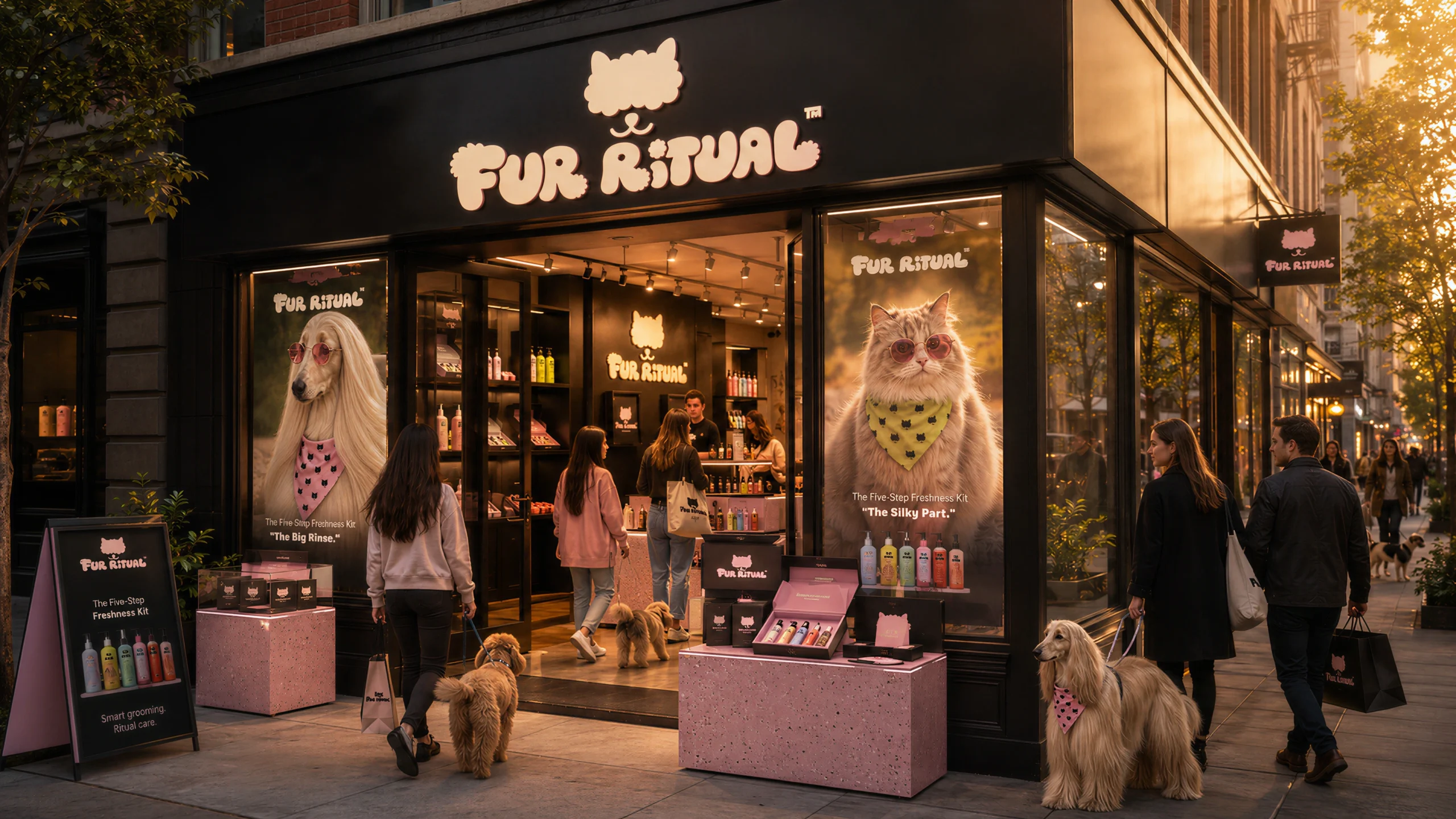 FUR RITUAL flagship pet grooming store on a city corner — window portraits of a dog and cat in sunglasses and printed bandanas, pink display plinths with the five-step freshness kit, and shoppers arriving with their dogs.