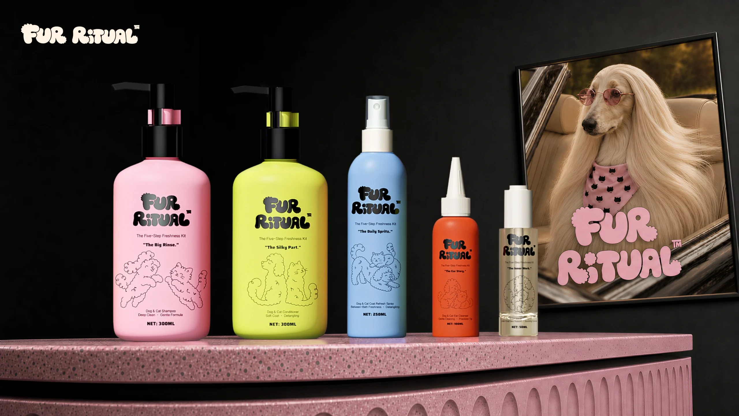 FUR RITUAL pet shampoo pump bottle range — full lineup of dog and cat grooming bottles, sprays and droppers on a display podium.