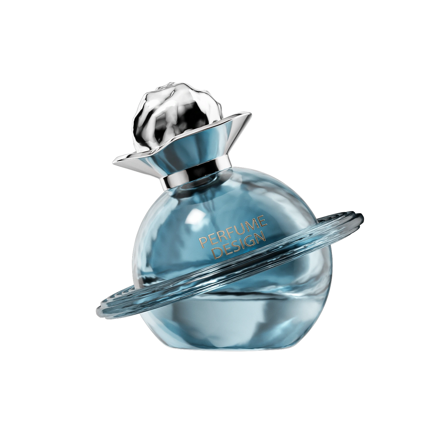 Blue planet shaped glass perfume bottle with a silver ring and textured cap on a grey background