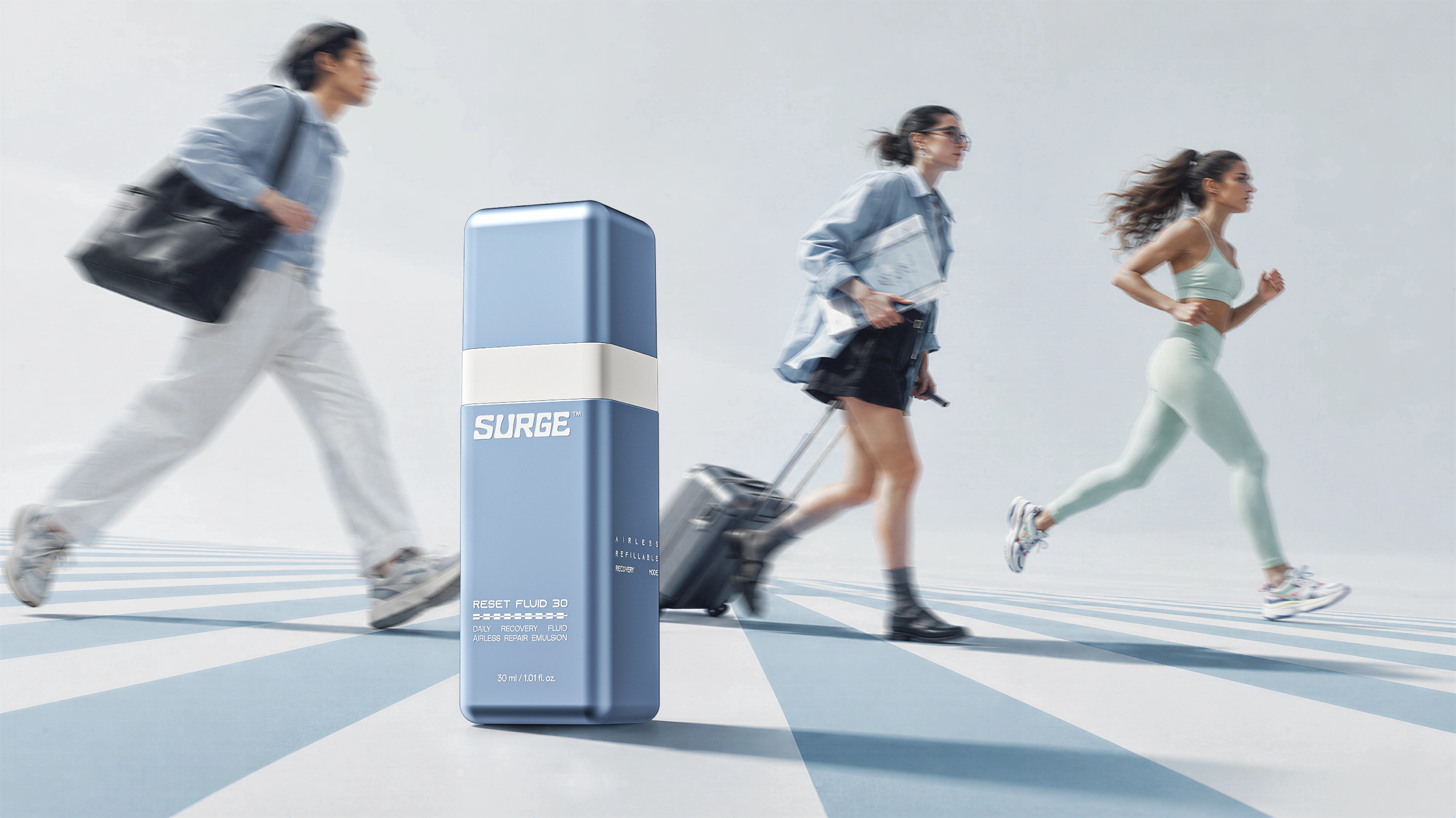 RESET FLUID 30 — cornflower-blue 30 ml square airless recovery emulsion bottle amid motion-blurred commuters