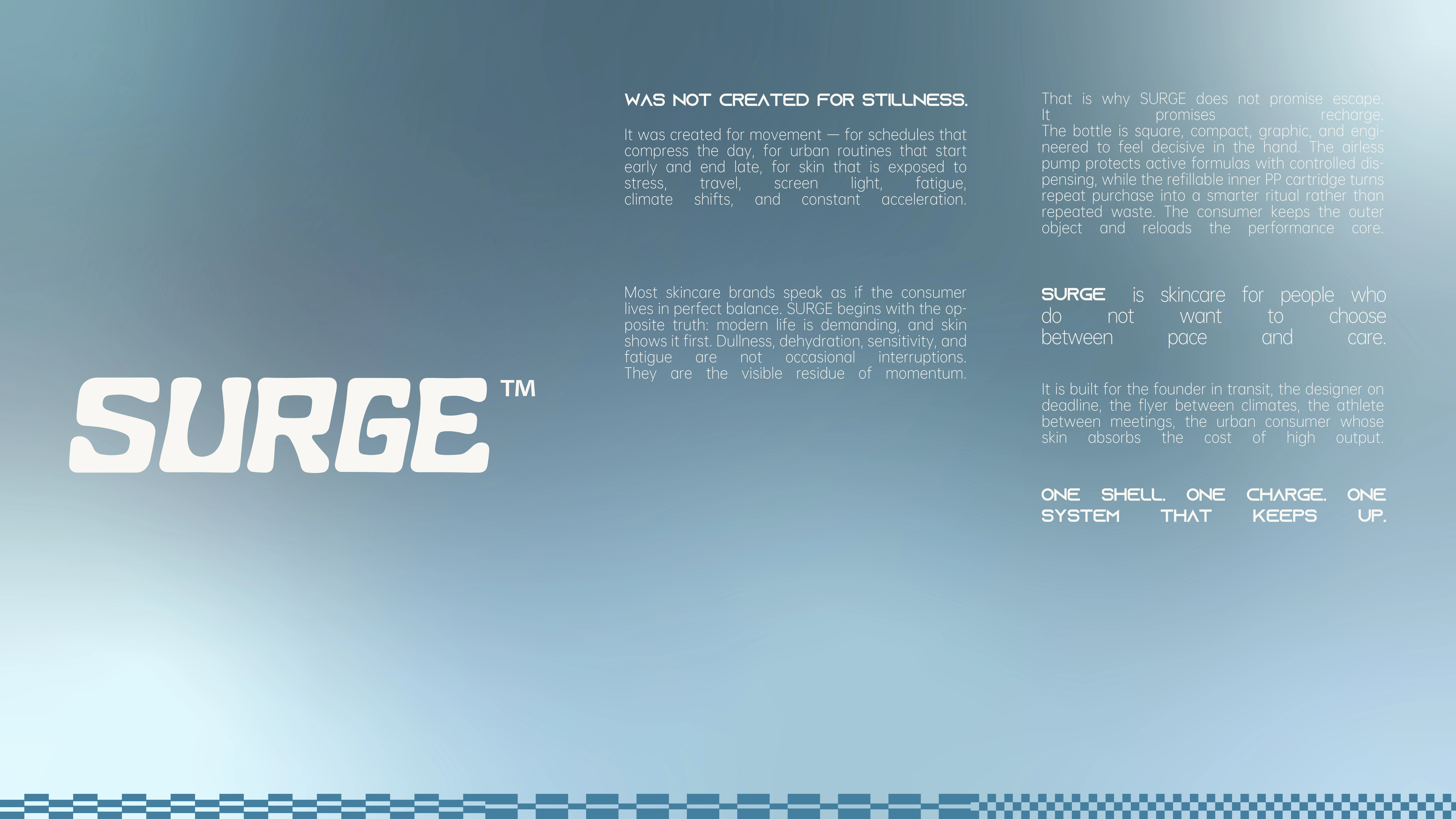 SURGE™ brand statement — 'was not created for stillness' manifesto on a blue gradient with the SURGE wordmark
