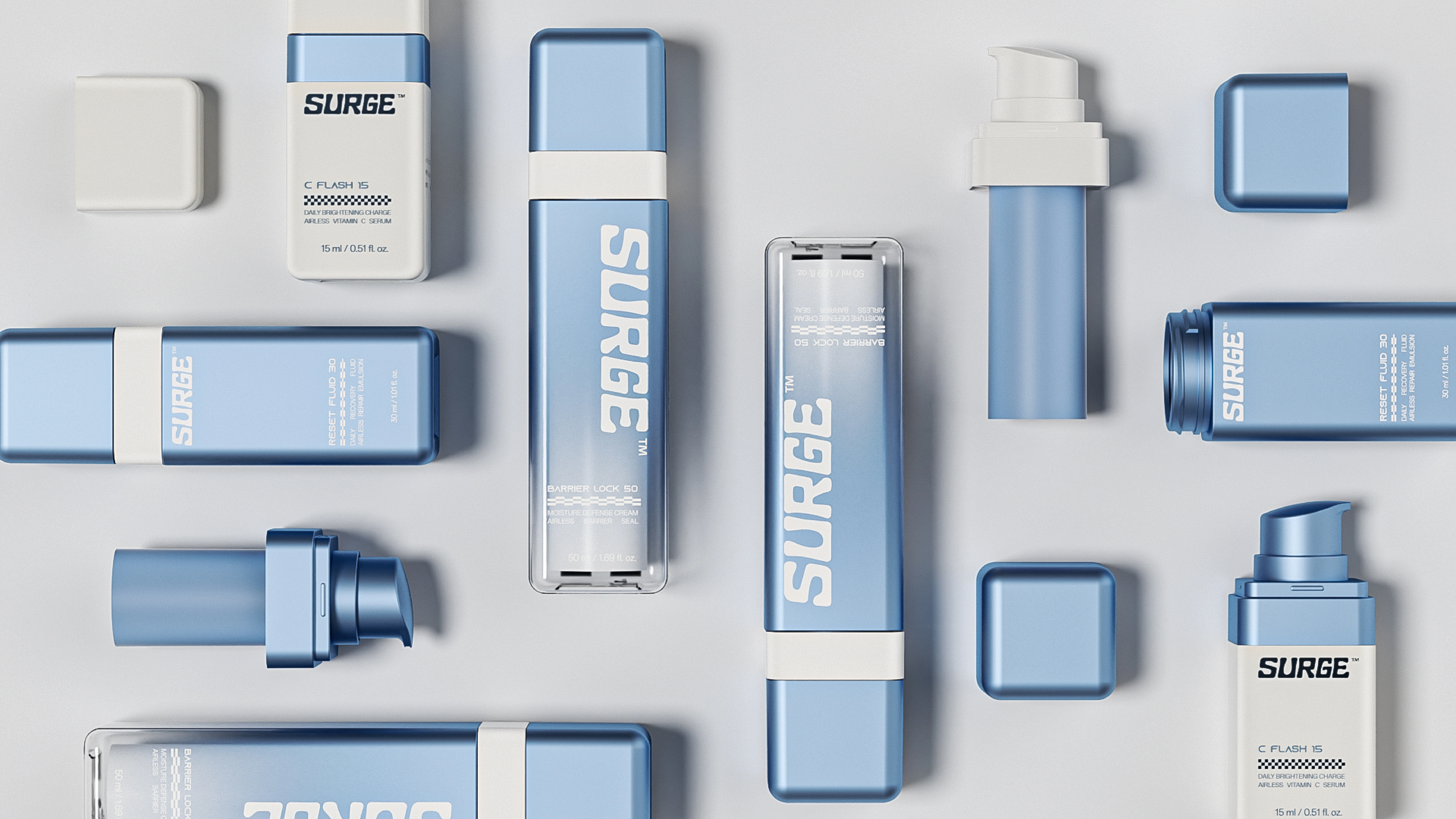 SURGE™ component knolling flat-lay — square PETG outer bottles, PP airless pump heads, replaceable transparent PP inner cartridges and injection-color caps