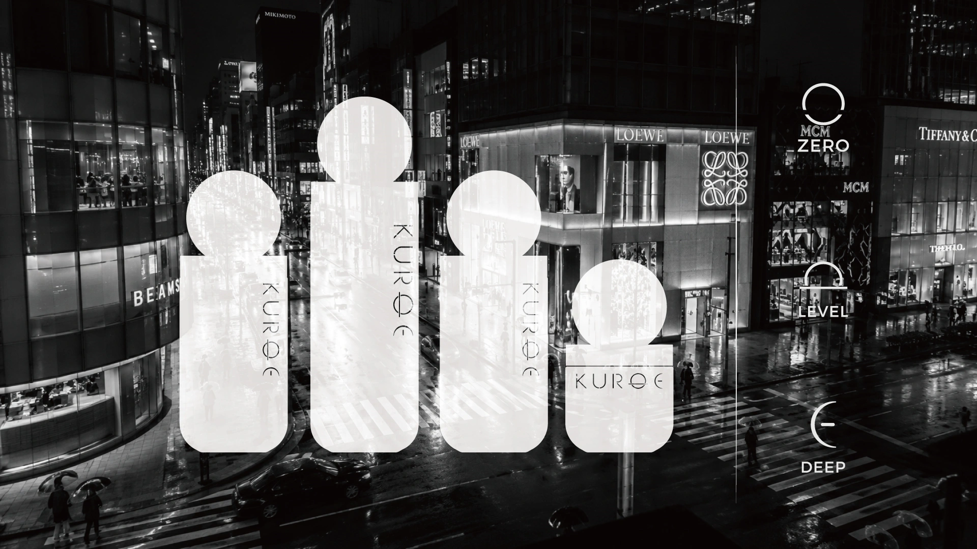 Black-and-white Tokyo night street with four KUROE glass bottle silhouettes overlaid and the ZERO, LEVEL and DEEP sub-marks