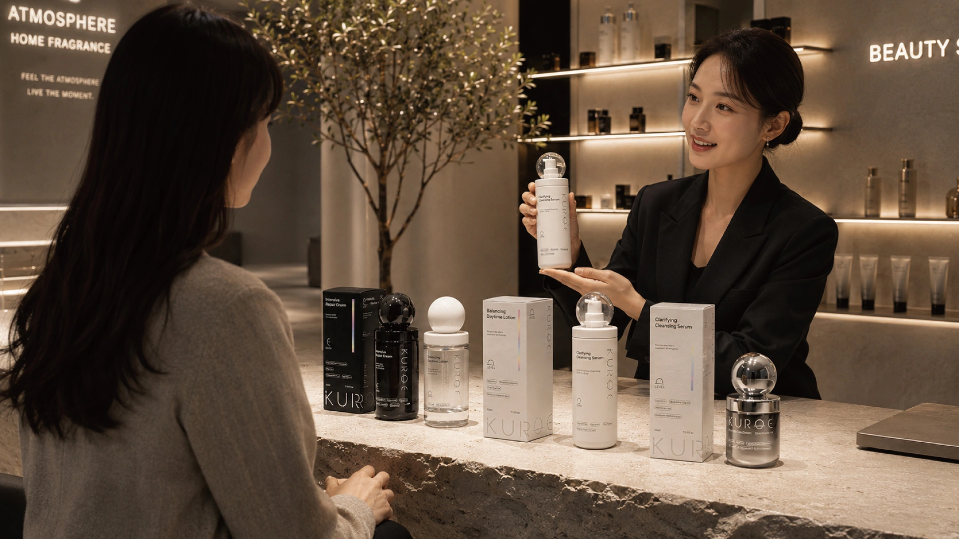 Beauty counter consultation showing the full KUROE range of four bottles with matching cartons in a Tokyo retail environment