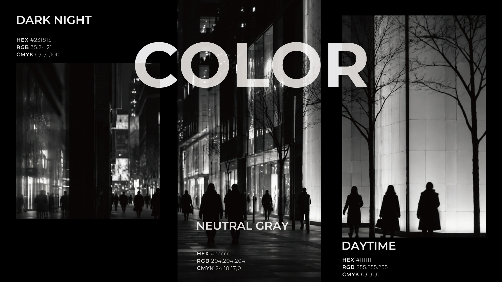 KUROE colour system panel — Dark Night, Neutral Gray and Daytime over monochrome Tokyo street photography