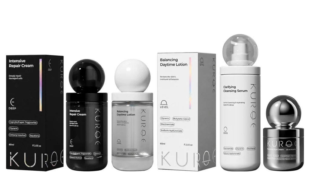 Product lineup of black and white cosmetic bottles, pumps and dropper bottles, custom packaging by Jarsking