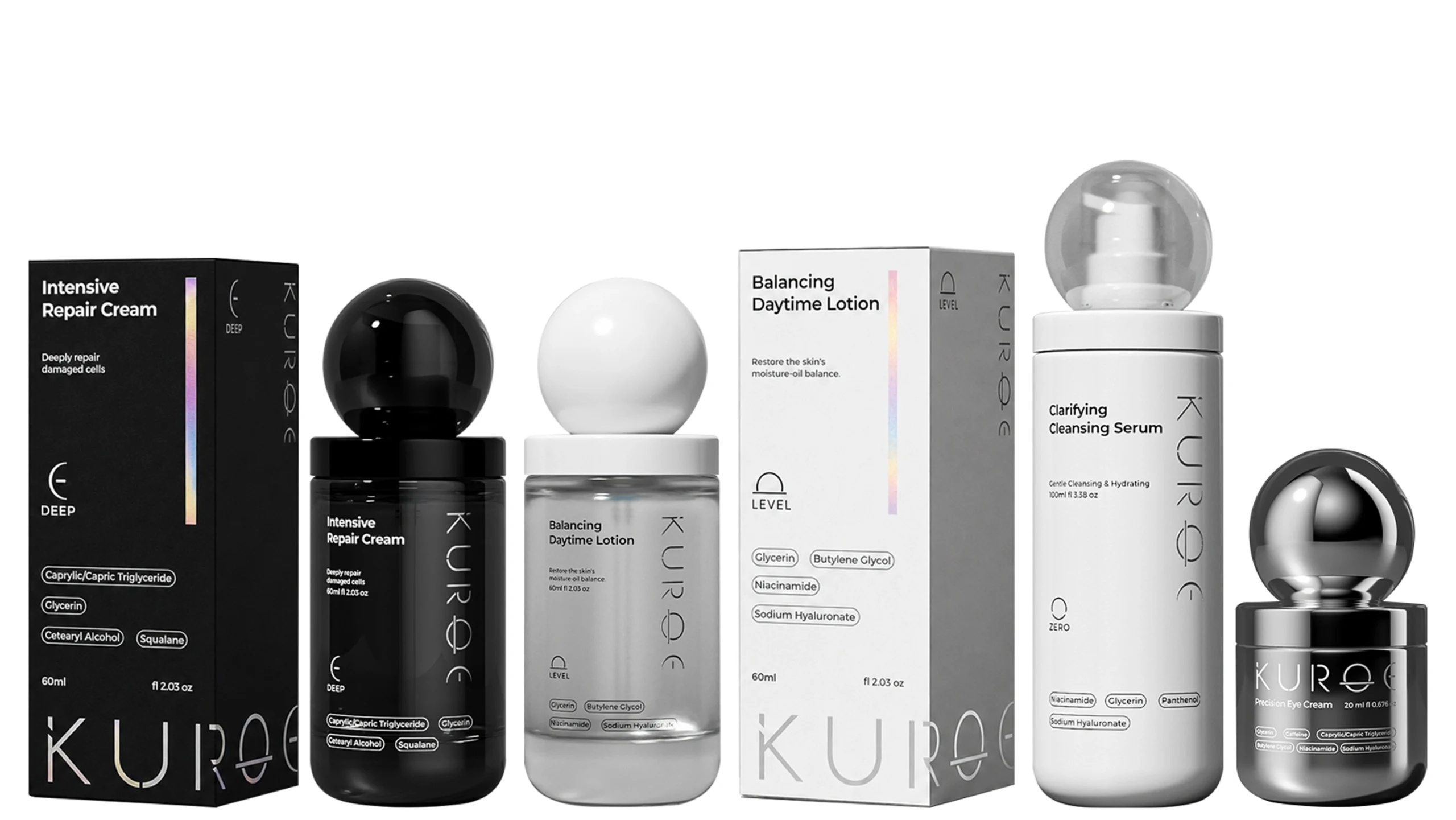 Full KUROE four-SKU lineup — Intensive Repair Cream, Balancing Daytime Lotion, Clarifying Cleansing Serum and Precision Eye Cream with cartons