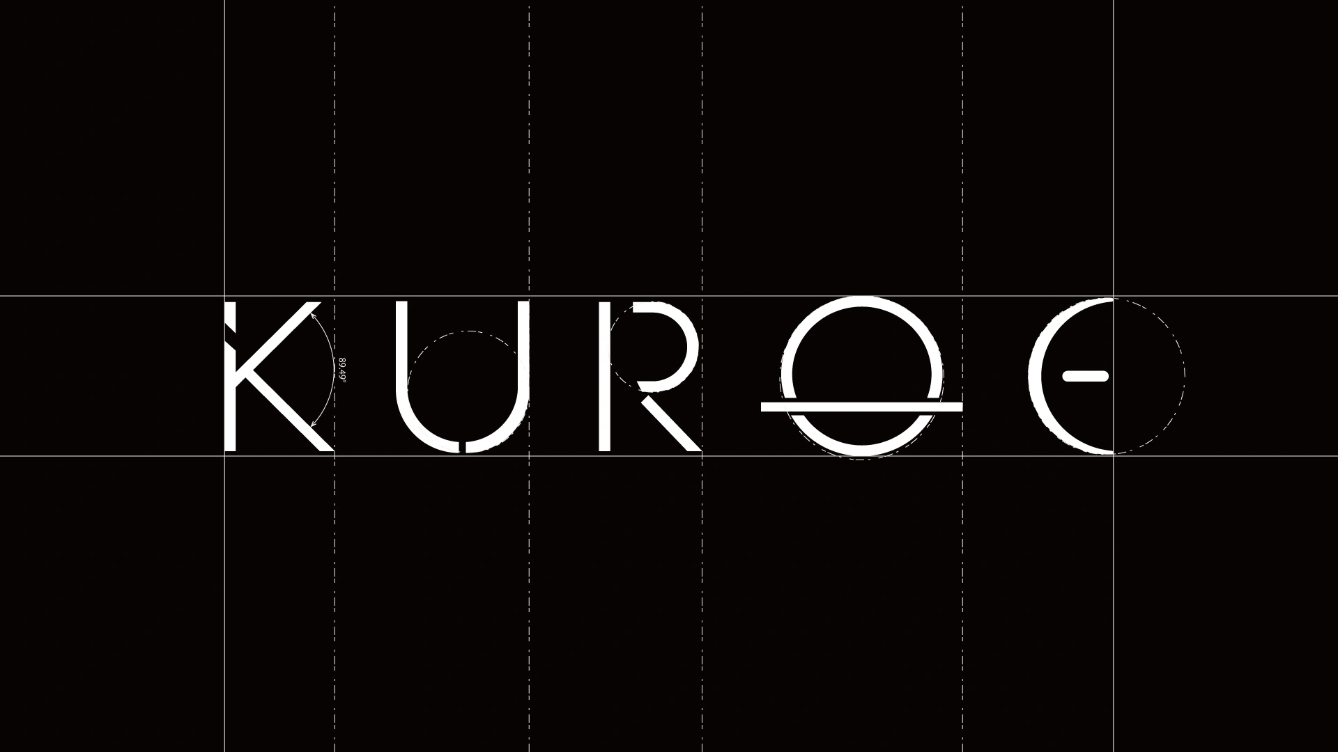 KUROE wordmark construction grid showing geometric letterform ratios and the horizon-bar O