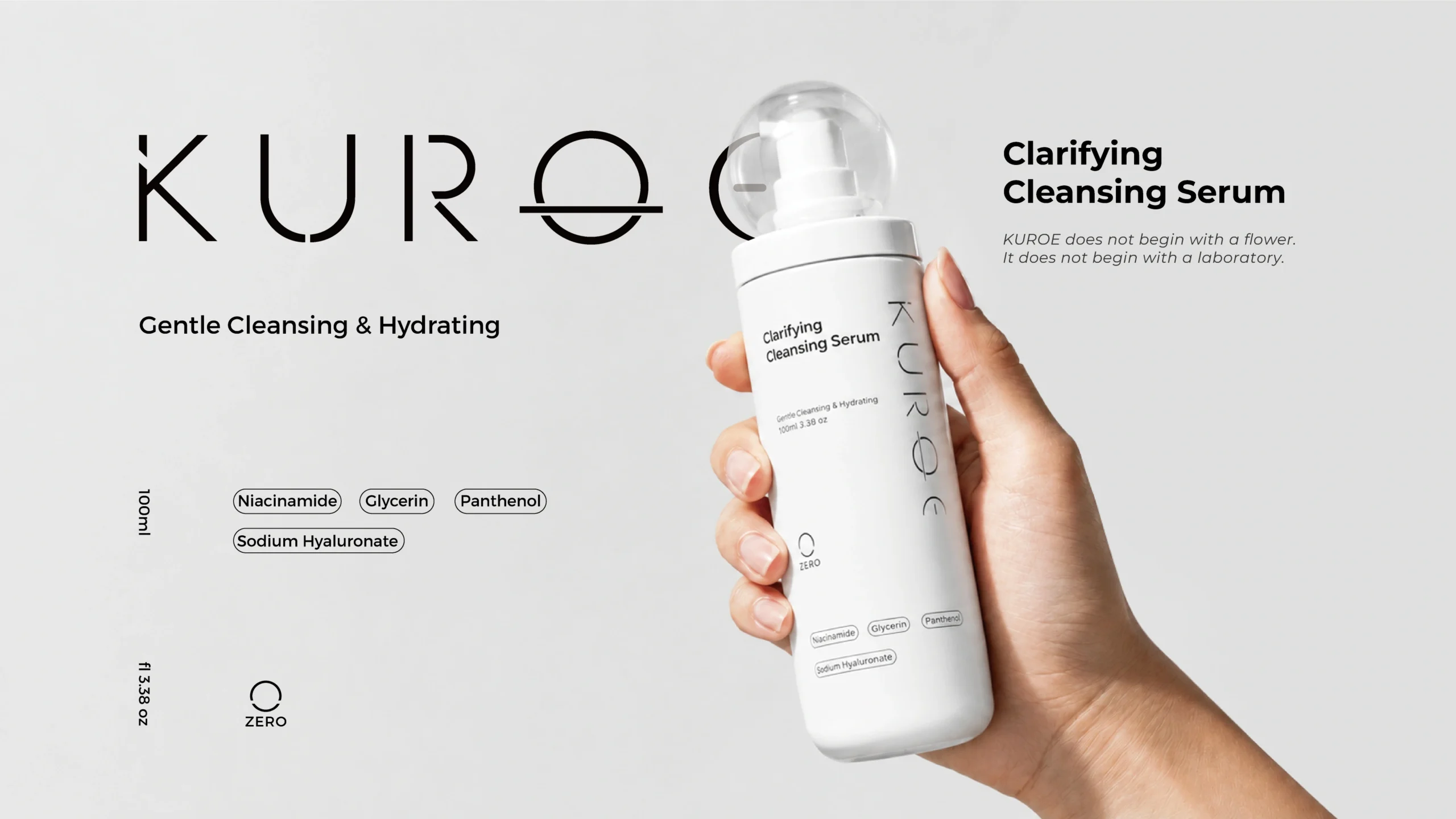 KUROE Clarifying Cleansing Serum — 100ml matte white custom glass skincare bottle with clear sphere-dome overcap and lockable pump, held in hand