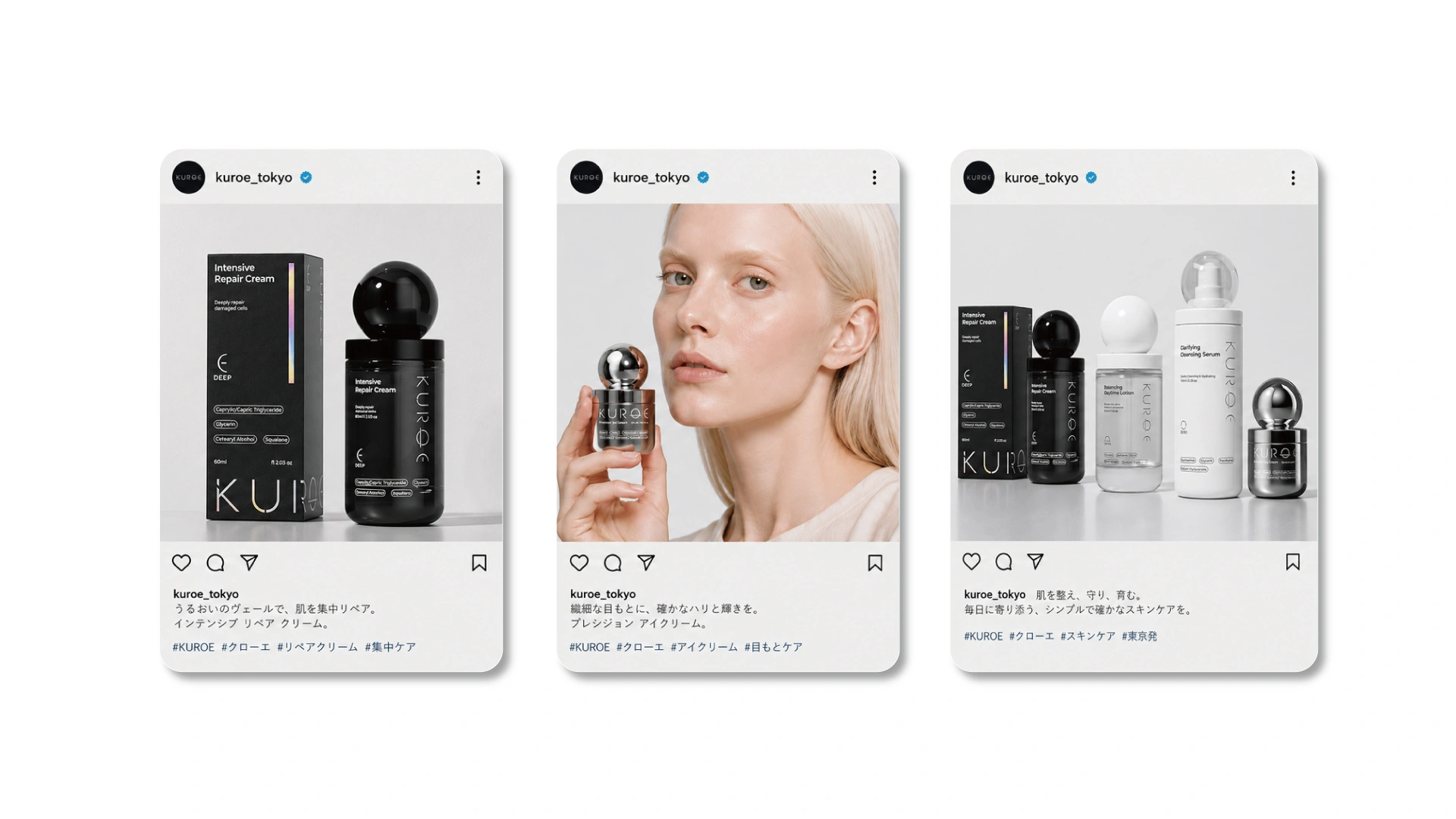 Three Instagram post mockups for kuroe_tokyo showing KUROE packaging renders, model imagery and the full four-SKU lineup