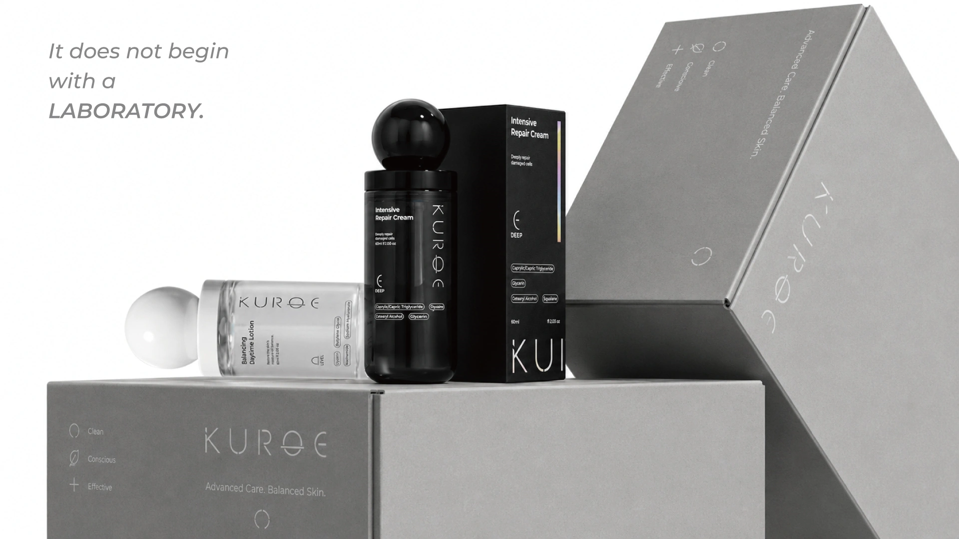 KUROE charcoal Intensive Repair Cream and clear Balancing Daytime Lotion on grey secondary boxes