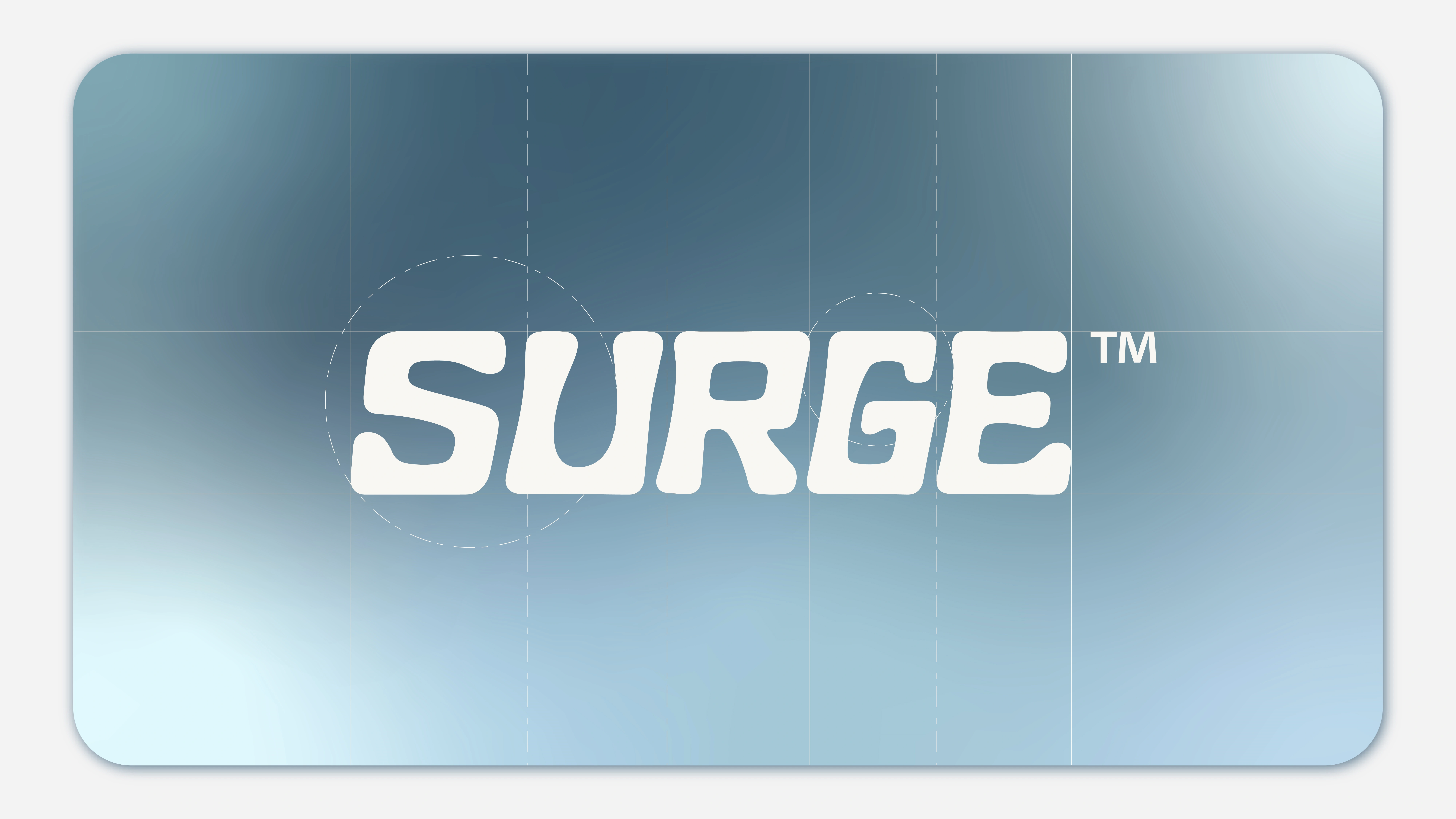SURGE™ logo construction sheet — bold italic geometric wordmark on a blue gradient with guide lines