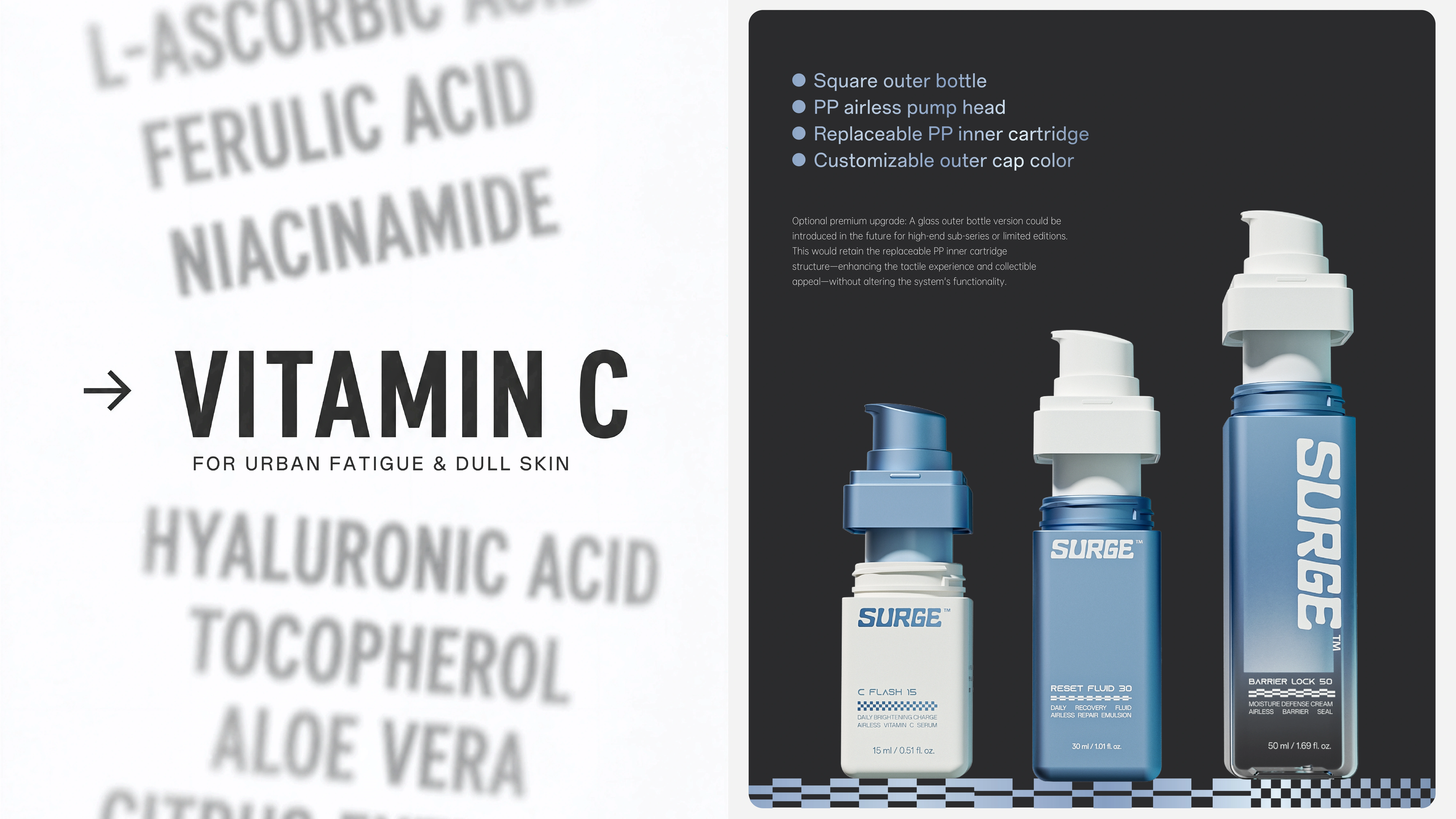 SURGE™ range on black — C FLASH 15, RESET FLUID 30 and BARRIER LOCK 50 with Vitamin C ingredient callout