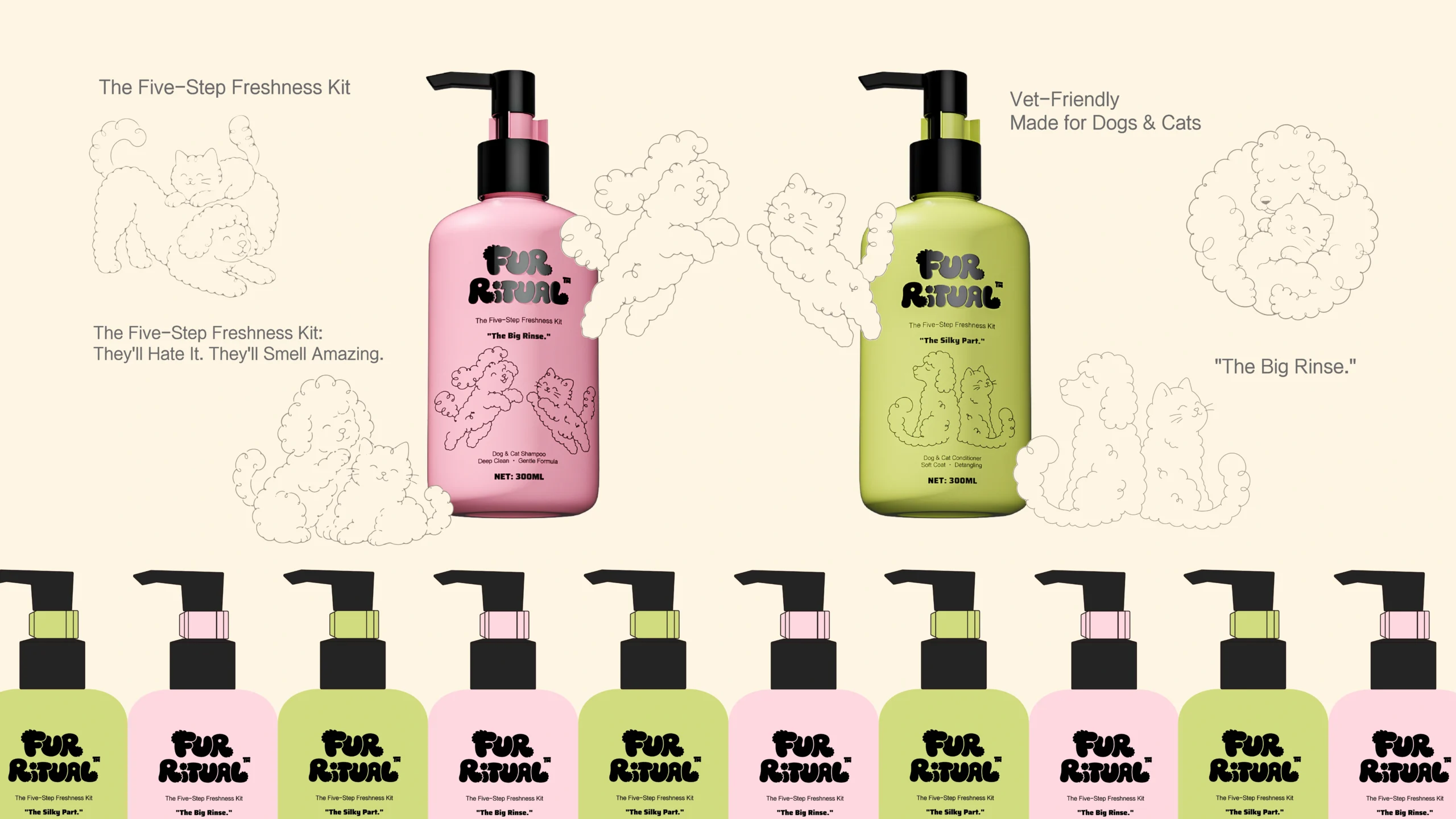 FUR RITUAL Dog & Cat Shampoo — pink 300 ml pump bottle (left side of the pink-and-green range shot), The Big Rinse, deep clean, gentle formula.