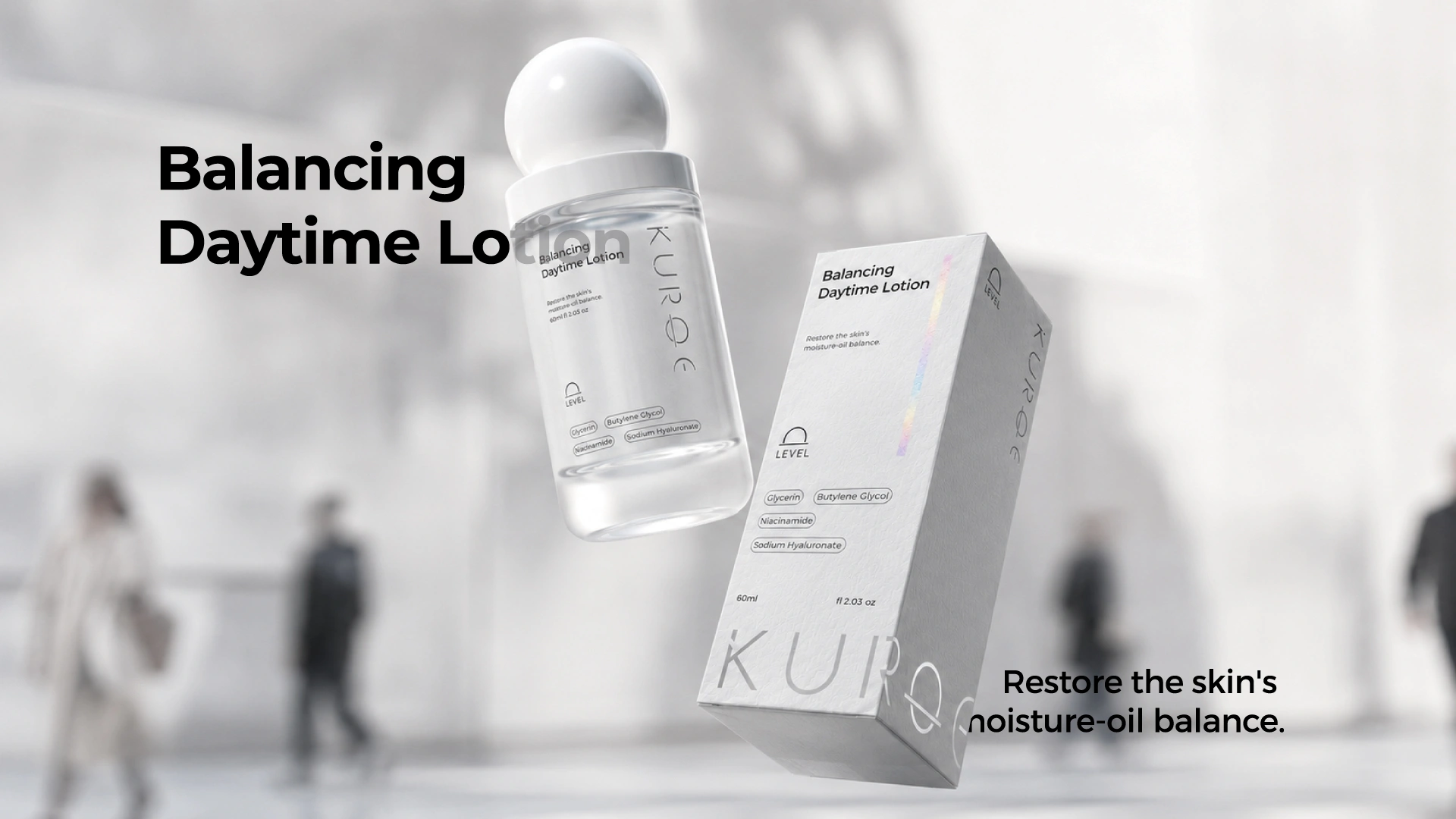 KUROE Balancing Daytime Lotion 60ml clear glass bottle with white sphere cap